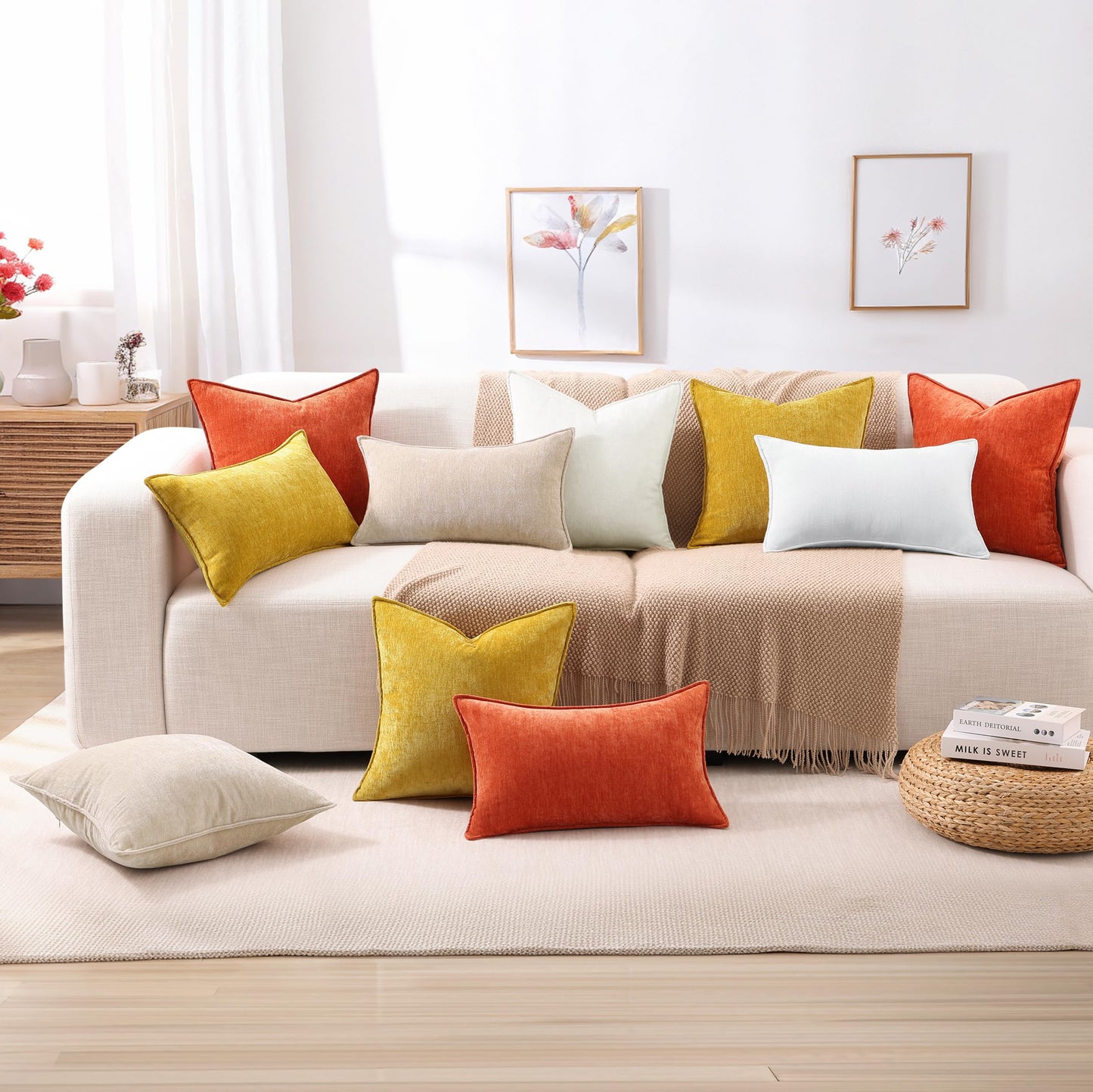 decorUhome Christmas Couch Throw Pillow Covers 18x18 Set of 2, Decorative Soft Euro Velvet Neutral Chenille Pillow Covers with Elegant Design for Sofa Bed Living Room Home Decor, Beige