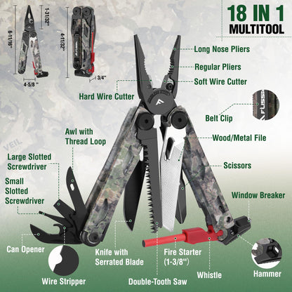 FLISSA Multitool, 18 in 1 Camo Multitool Pliers with Fire Starter, Window Breaker, Whistle, Stainless Steel EDC Gear with Sheath - Perfect for Survival, Simple Repair, Camping