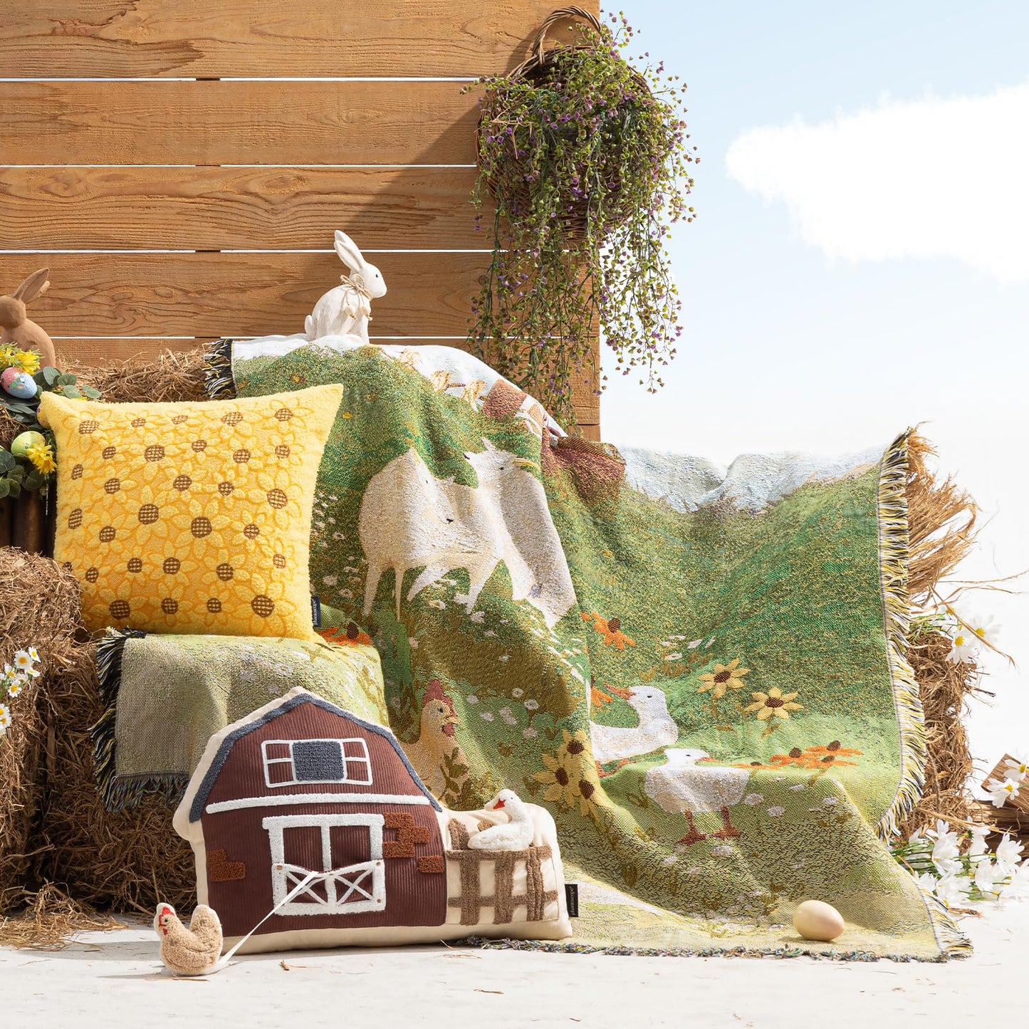 Phantoscope Spring Summer Throw Blanket, Jacquard Knitted Decorative Blanket with Tassels, 50"x60" Farmhouse Tapestry, for Mom, Couch Living Room Bedroom, Green
