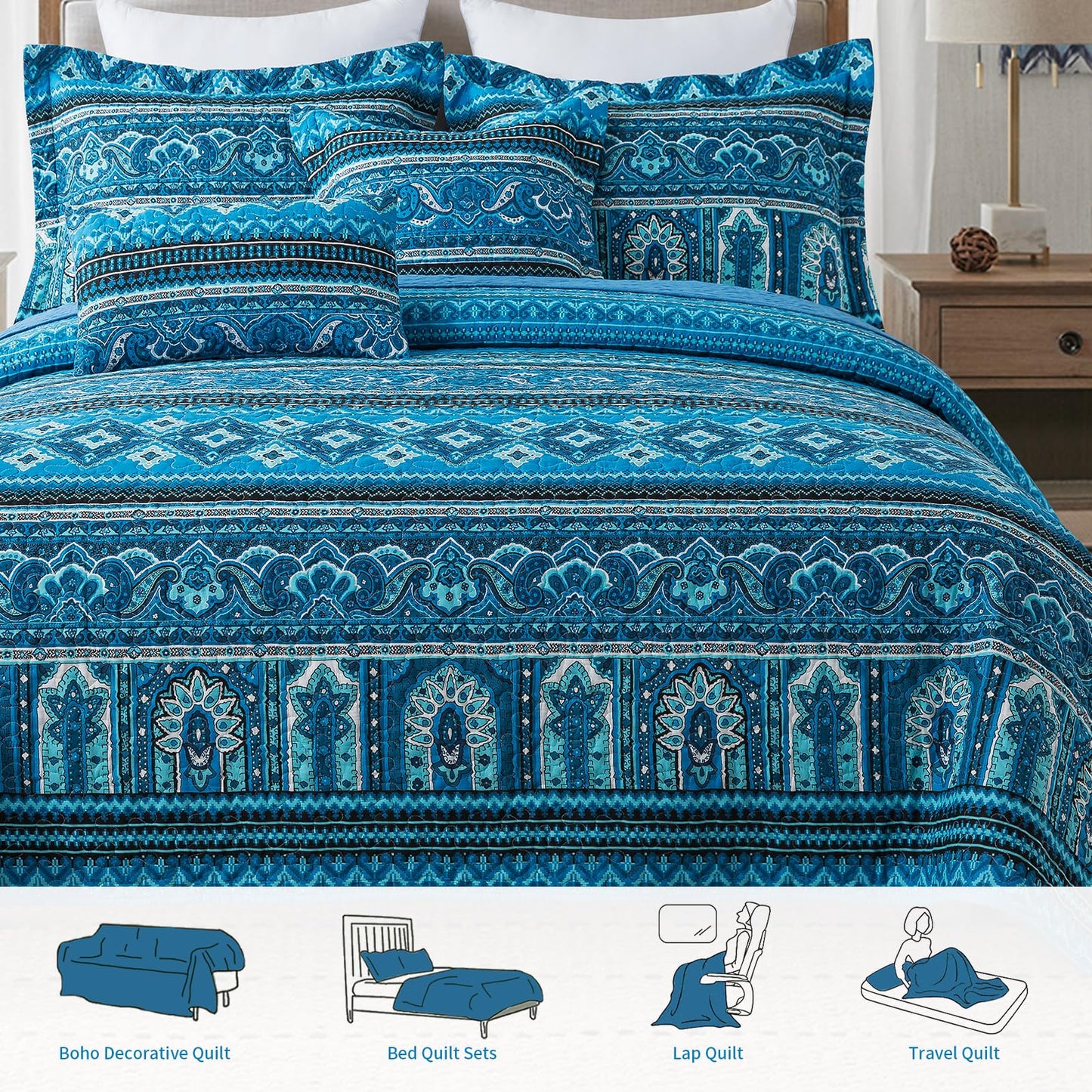 TWINRUN Cotton Quilts California King Size Set, 3 Pieces California King Quilt Bedding Set (108 x 118 Inch), Lightweight Boho Oversized King Size Bedspread, Blue Stripes Cotton Quilts for All Seasons