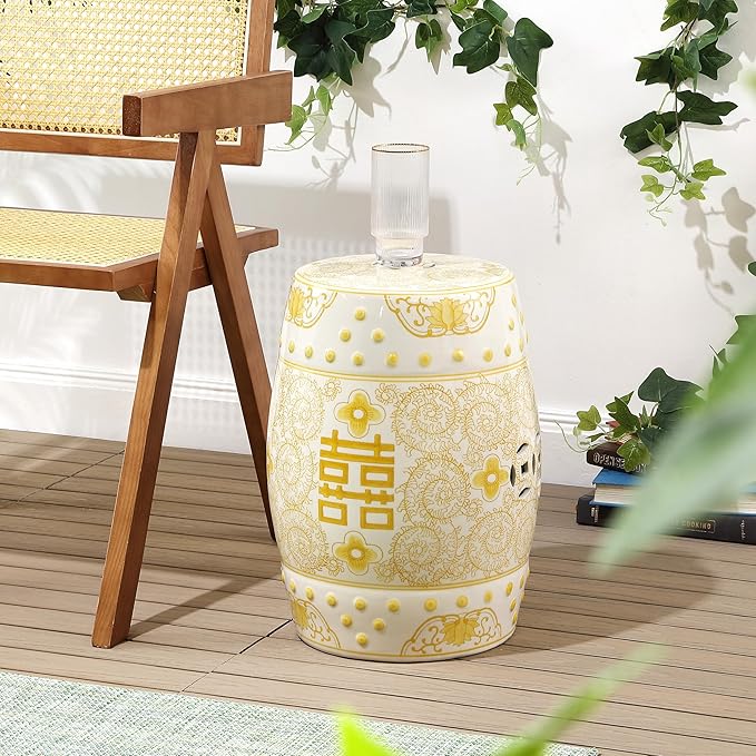 JONATHAN Y TBL1013B Double Happiness 18" Chinoiserie Ceramic Drum Indoor/Outdoor Garden Stool Bohemian, Coastal, Classic, Cottage,Traditional, Patio, Garden, Bathroom, Living Room, Yellow/White