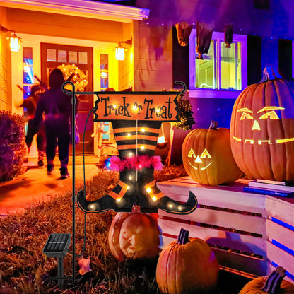Qunlight Halloween Trick Or Treat Graden Flag lights without flag pole, Double Sided Witch Feet Flag Banner 17.1*17.2Inch ,16 Warm White LED with 8modes Solar Panel, Decorations for Outdoor,Yard ,Home