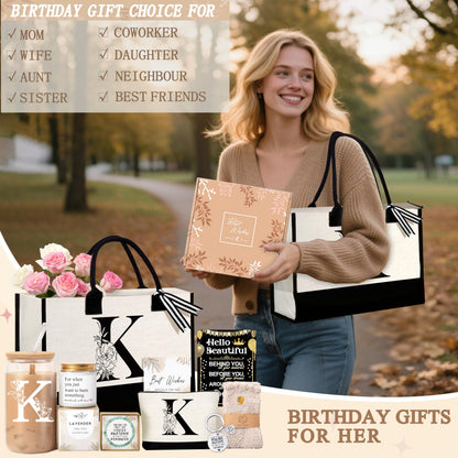 Lepiche Birthday Gifts for Women, Monogrammed Initial Gift for Teacher Wife Mom, Tote Bag,Glass Cup Gift Basket Personalized Christmas Mother's Teacher Appreciation Day,K