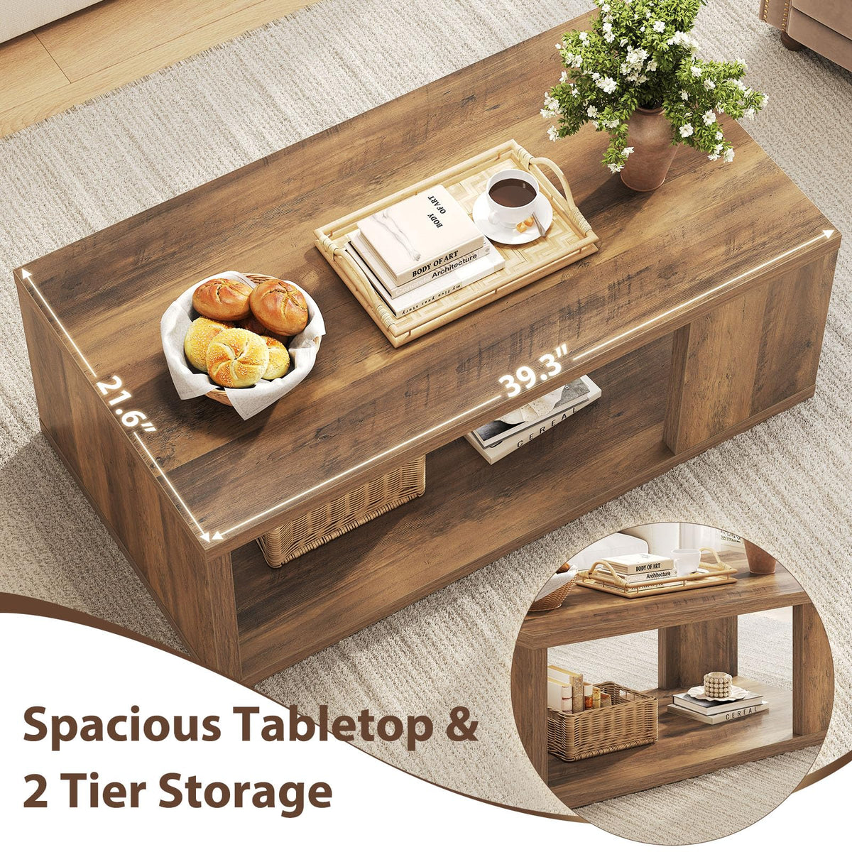 LVB Rustic Coffee Table with Storage, Modern Wood Coffee Tables for Living Room, Farmhouse Large Wooden Rectangle Center Table, Unique Wide Low Tea Table for Small Home Office, 39 inch, Rustic Oak
