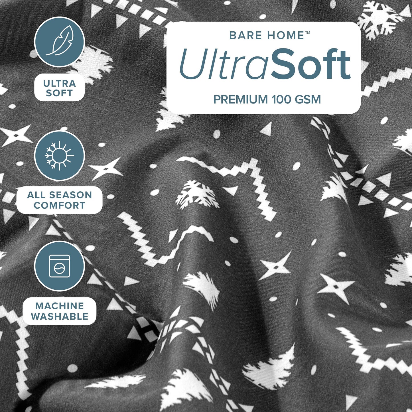 Bare Home Queen - Christmas Sheet Set - Luxury 1800 Ultra - Double Brushed Soft Microfiber - Deep Pockets - Easy Fit - 4 Piece Set - Holiday Bed Sheets (Queen, Winter Alpine)