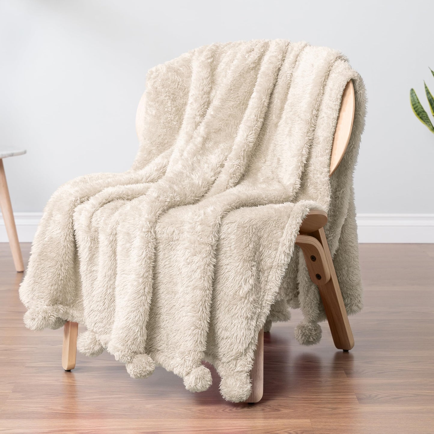 PAVILIA Pom Pom Throw Blanket for Couch, Soft Sherpa Blanket with Pompom, Warm Fluffy Plush Throw for Bed Sofa, Lightweight Decorative Gift for Women Mom Her, Beige, 50x60