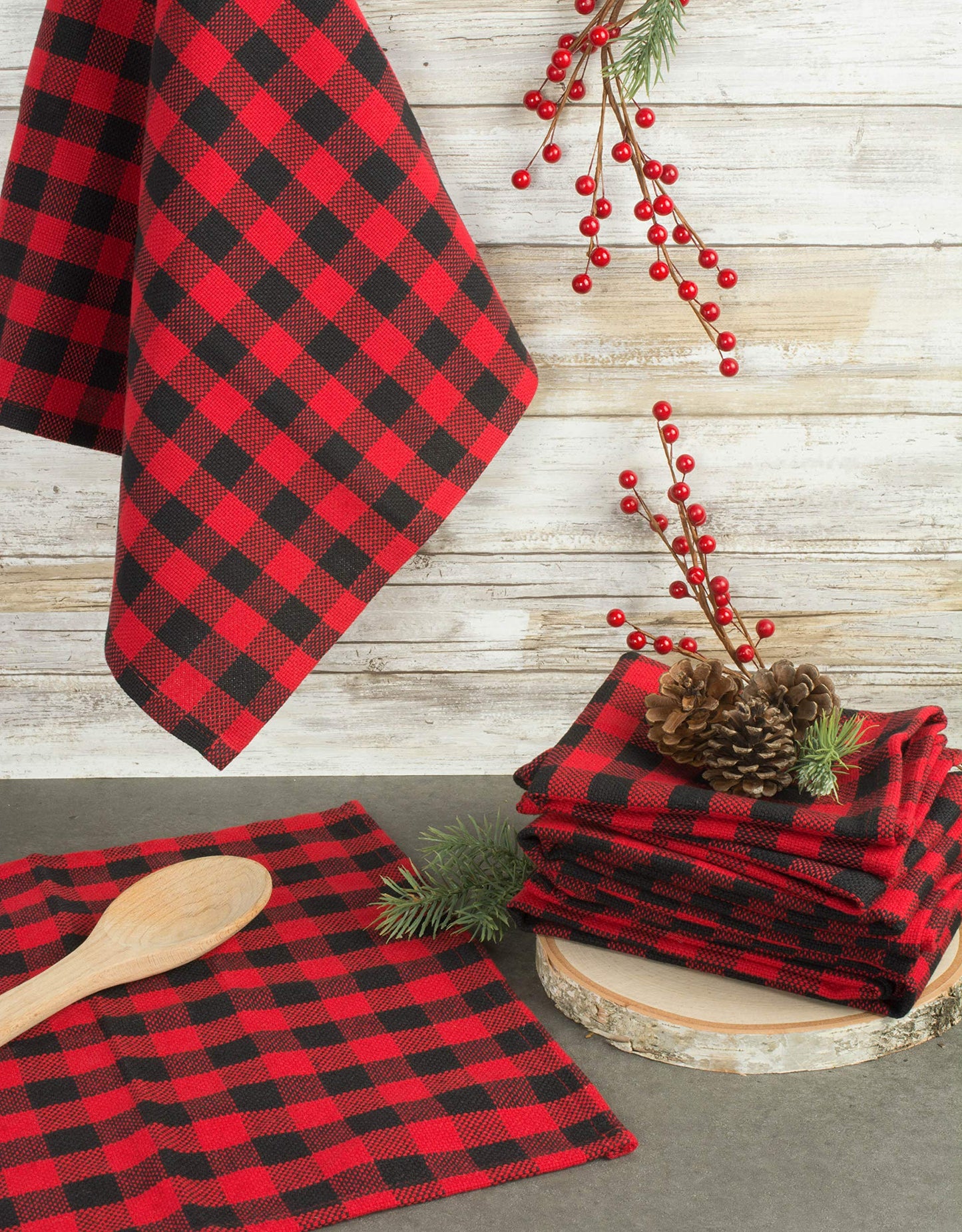DII Buffalo Check Kitchen Collection, Classic Farmhouse Dishtowel Set, 18x28, Red & Black, 6 Piece