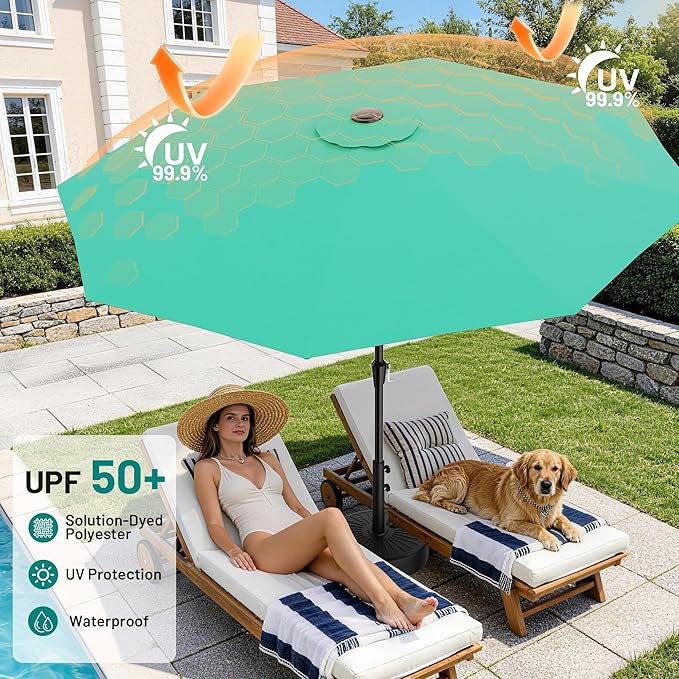 AreShark 9 FT Patio Umbrella for Outdoor, Outdoor Umbrella with Push Button Tilt and Crank, Outdoor Patio Umbrellas with 8 Sturdy Ribs for Market, Garden, Deck, Backyard, Pool (Peacock Blue)