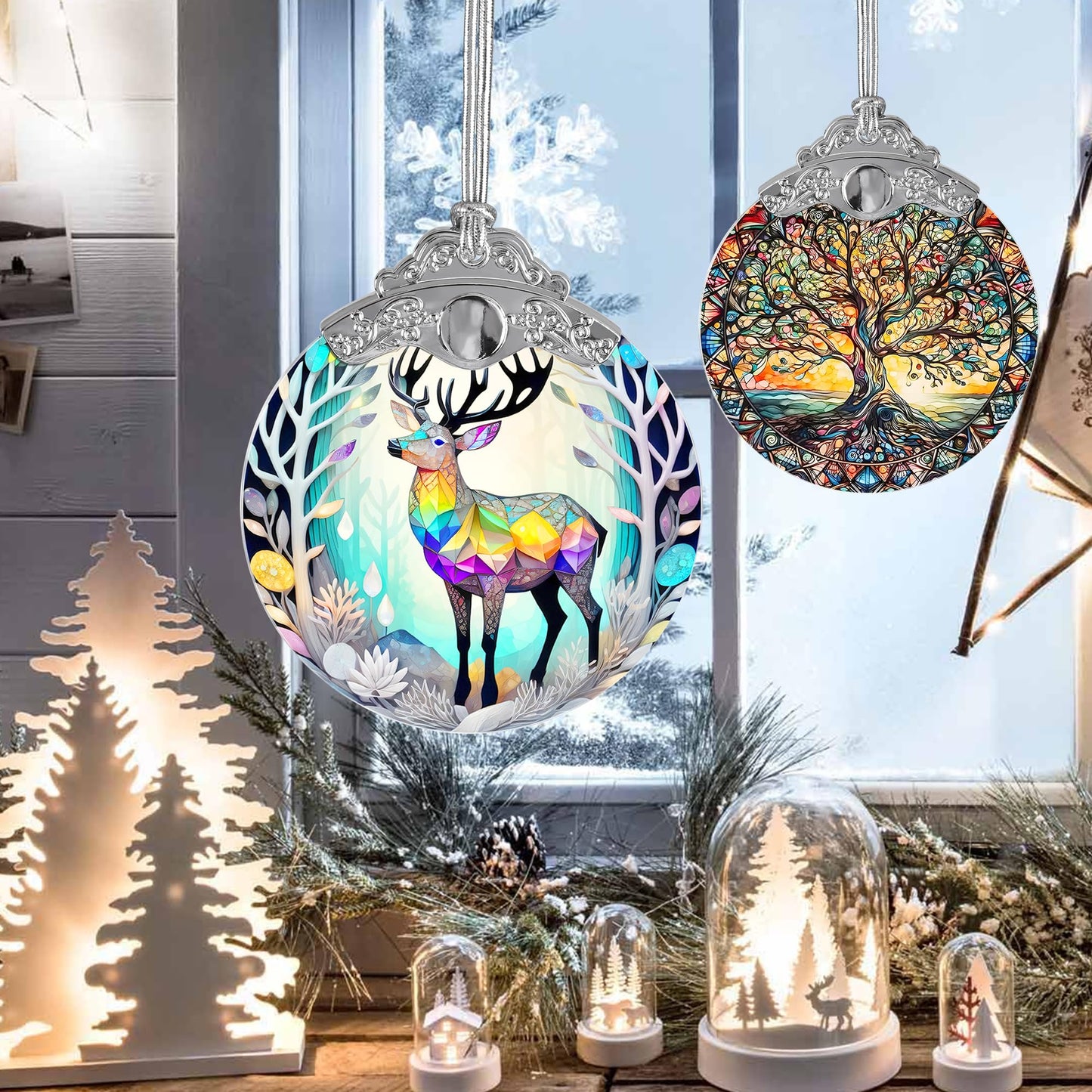 Jocidea Stained Glass Suncatcher, Deer Ornament for Christmas Tree, Holiday Home Decor and Gifts