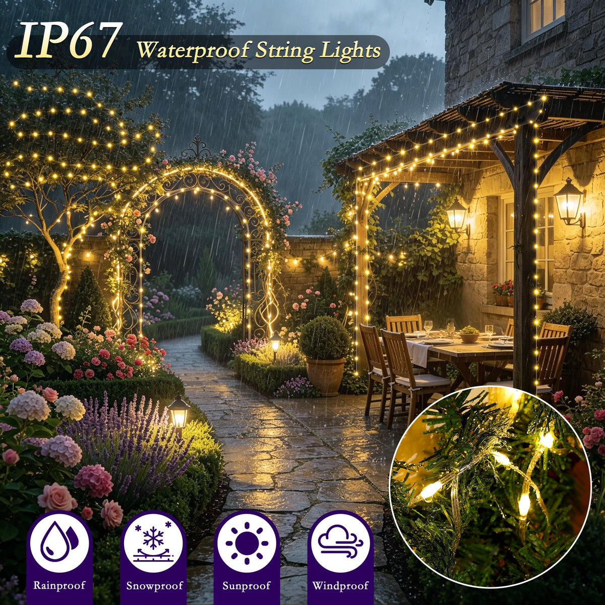 Soagrc 198FT 600 LED Outdoor String Lights Plug in IP67 Waterproof Twinkle Lights with Remote 11 Modes Dimmable Warm White and Multicolor Color Changing for Backyard Summer Wedding Party Christmas