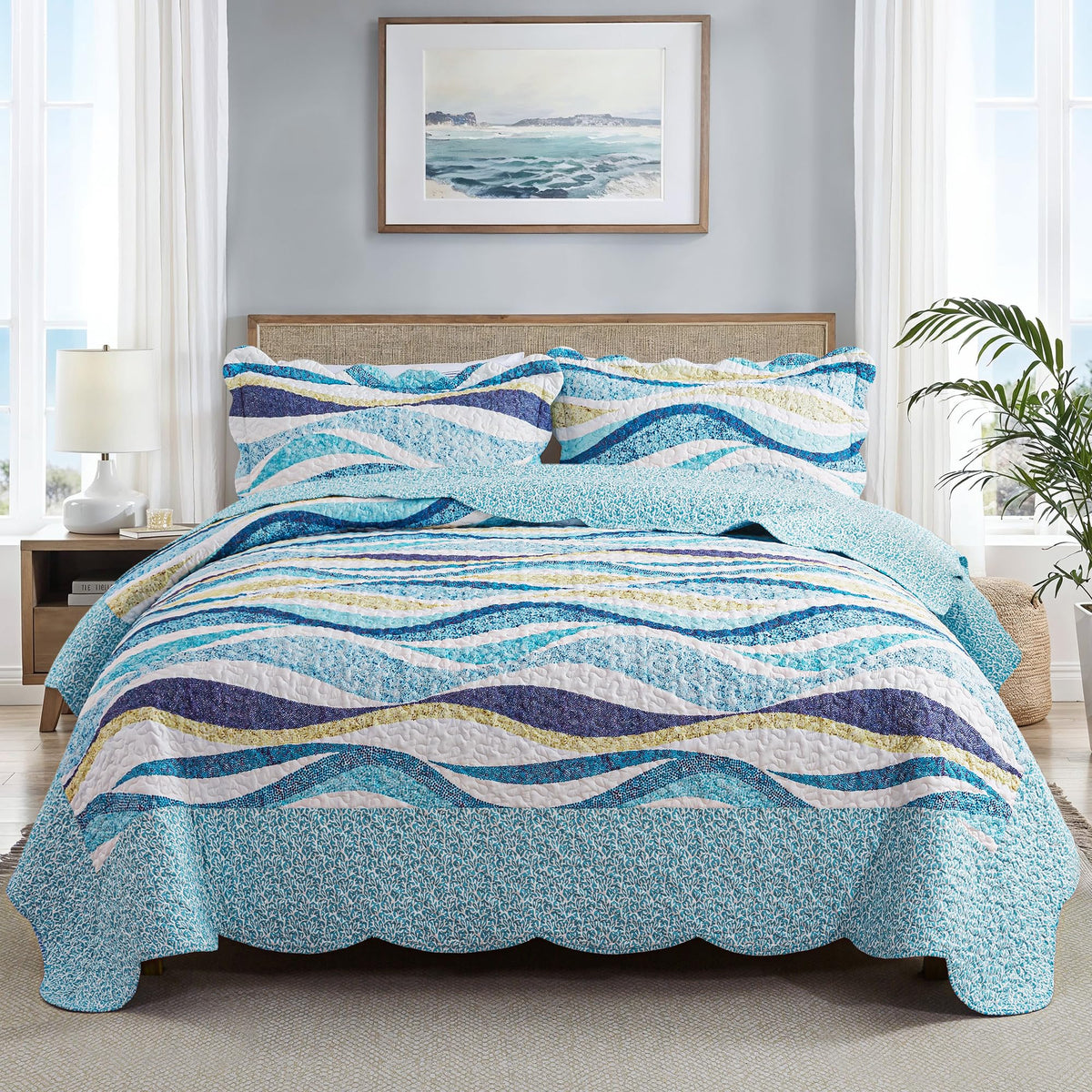 HoneiLife Queen Bedspreads Oversized - 106"x106" Coastal Quilt Sets, Beach Quilt 3-Piece, Nautical Bedspreads Ocean Coverlets, Lightweight Bed Cover, Summer Quilts