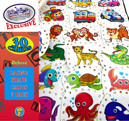 Matty's Toy Stop Deluxe Lacing Shapes (10 Count) Vehicles, Fish & Jungle Animals Educational Gift Set Bundle - 3 Pack (30 Shapes Total)