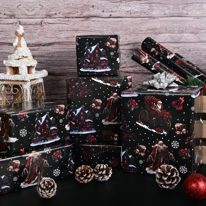 Dtiafu Gothic Christmas Wrapping Paper Roll Black Horror Christmas Santa Claus Skeleton Design Xmas Gift Wrap for Winter Halloween Holiday Party Celebration - Total 28.5sq.ft