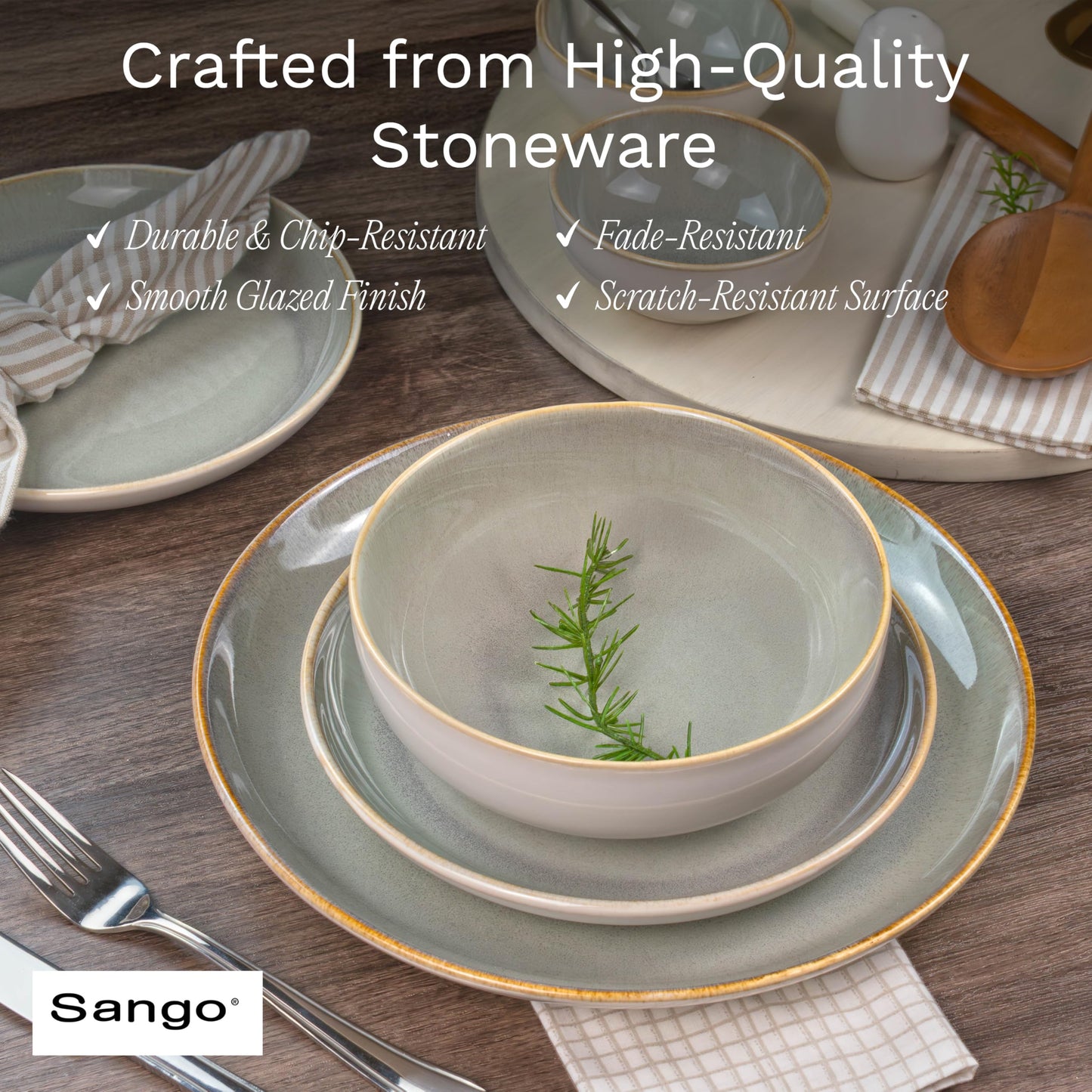 Sango 16-Piece Stoneware Dinnerware Set for 4, Glossy Cream/Green Big Dinner Plates and Bowls Sets with Reactive Glaze, Ceramic Dish Set, Modern Dishes, Microwave & Dishwasher Safe, Resona Moss