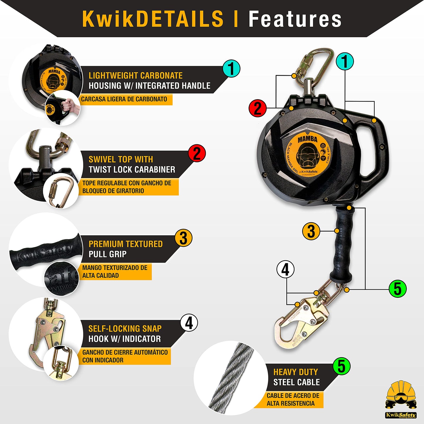 KwikSafety - Charlotte, NC - Mamba 50’ Self Retracting Lifeline [Carbonate + Integrated Handle] Class 1 Cable SRL ANSI OSHA Retractable Fall Arrest Safety Roofing Construction Gear