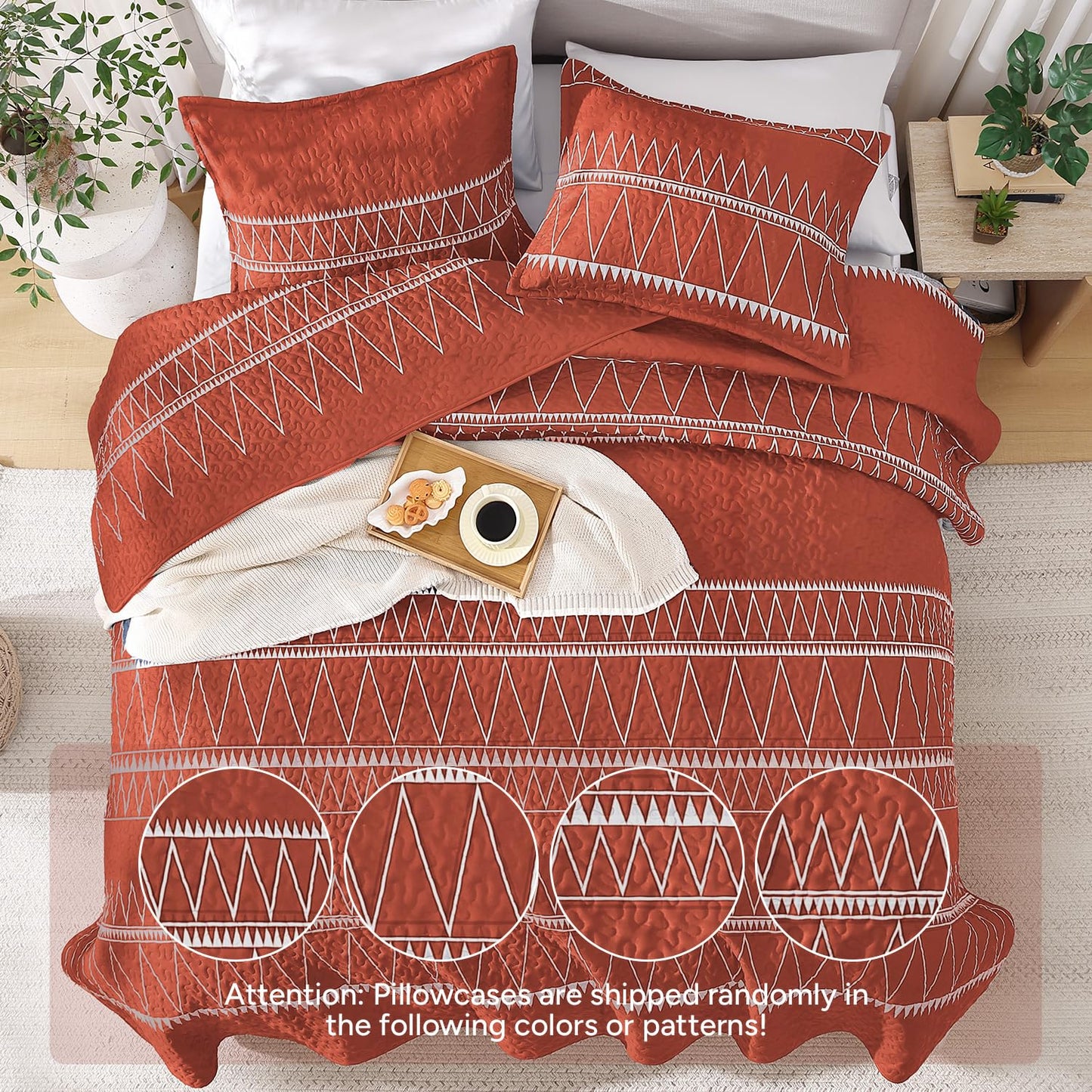 Andency Terracotta California King Quilt Set, 3 Pieces Boho Lightweight Soft Striped Cal King Bedspread for All Season (112"x104"), Printed Bohemian Polyester Reversible Coverlet Comforter Sets