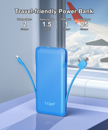 TG90° Portable Charger 10000mah Cell Phone Battery Backup, Ultra Slim Power Bank with Built in Lightning and USB-C Cable, Portable Phone Charger Battery Packs Compatible with iPhone Android Phones
