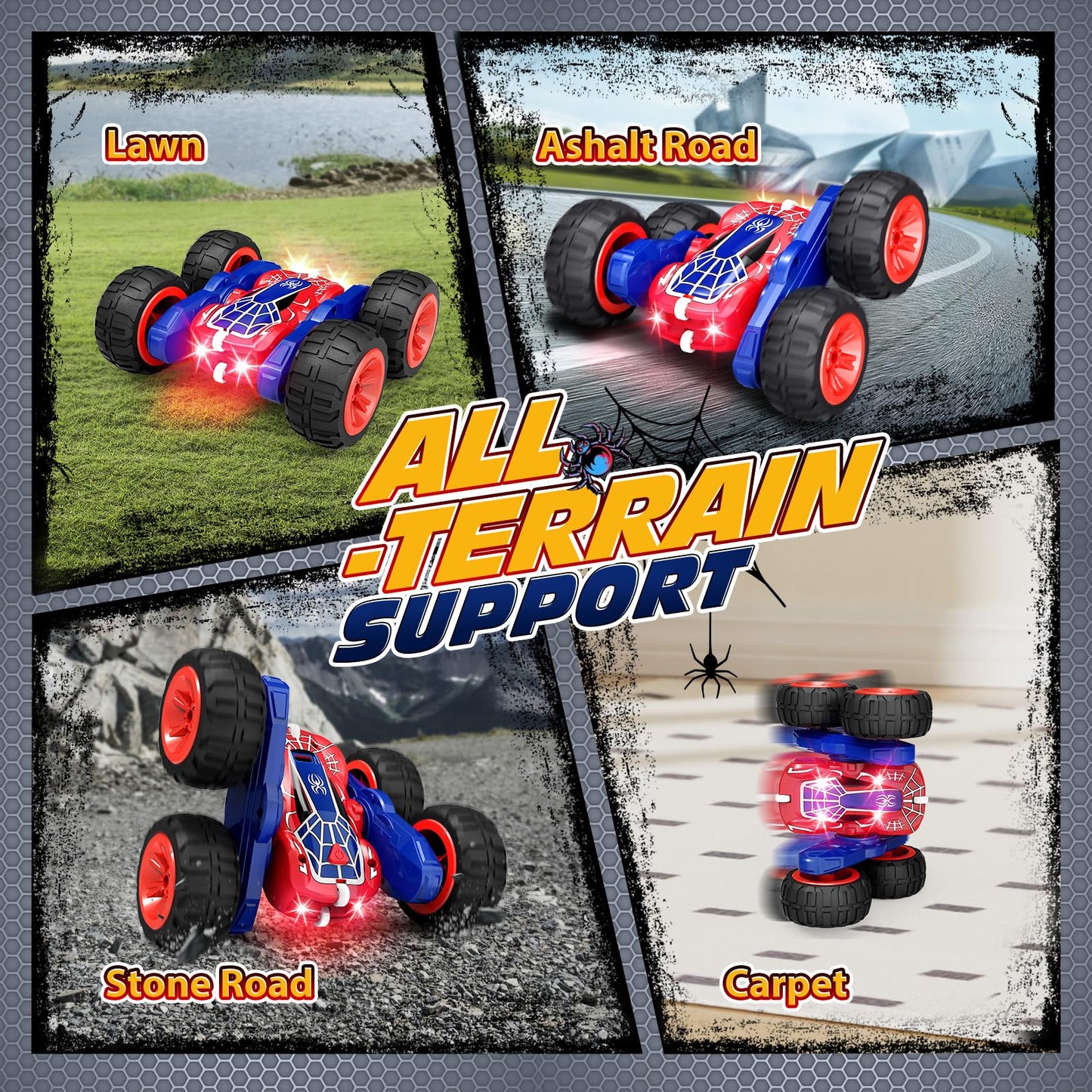 Tecnock Spider Remote Control Car, 2.4GHz RC Cars with USB-C Easy Charging, 4WD Double Sided 360° Rotates & Flips RC Stunt Car, Toys Gift for Boys and Girls Ages 6-8, 8-12
