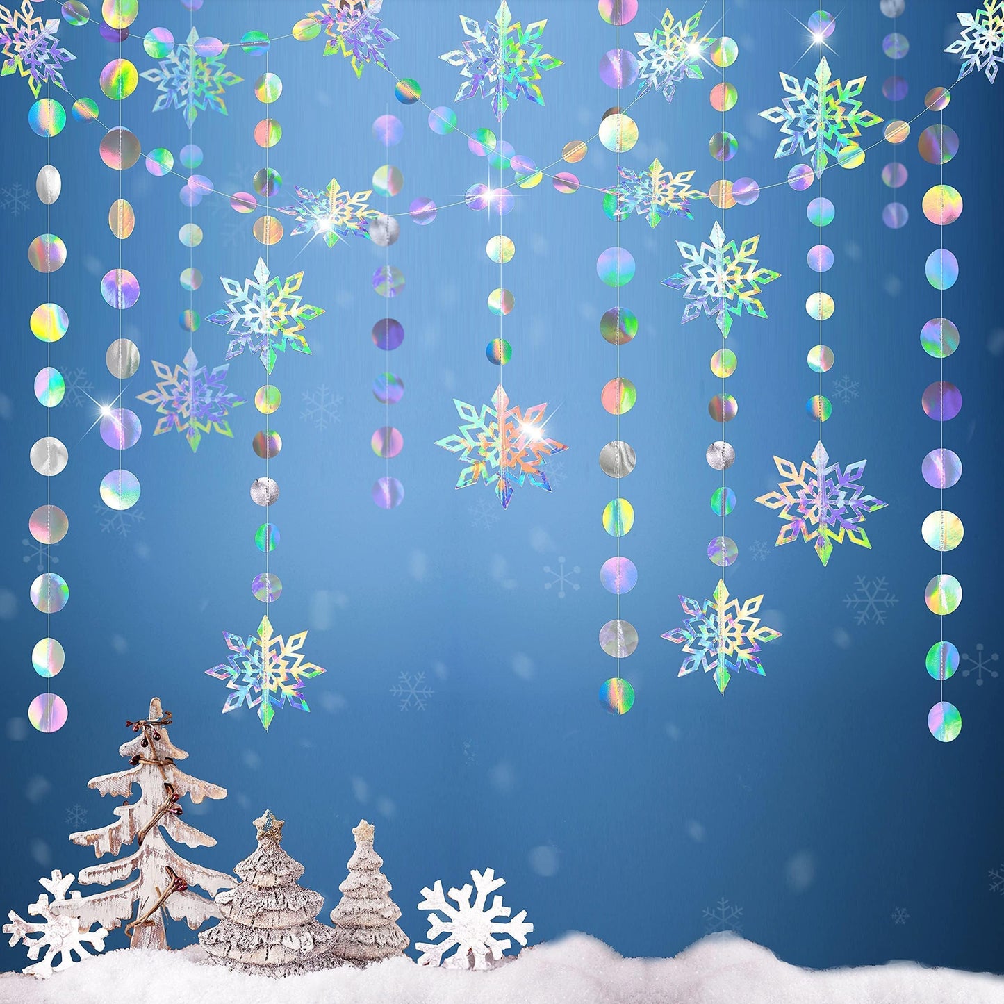 Cheerland Iridescent Snowflake Garland Winter Wonderland Hanging Decorations Holographic Snowflakes Ceiling Streamer for Christmas Onederland Frozen Birthday Decor Wedding Xmas Party Supplies
