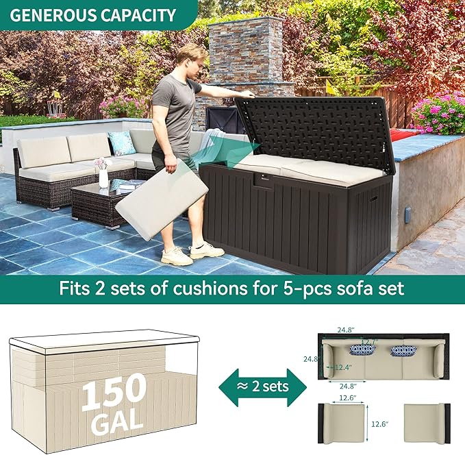 YITAHOME 150 Gallon Large Deck Box with Side Handles, Outdoor Double-Wall Storage for Patio Furniture Cushions, Garden Pool Accessories, Waterproof & Lockable