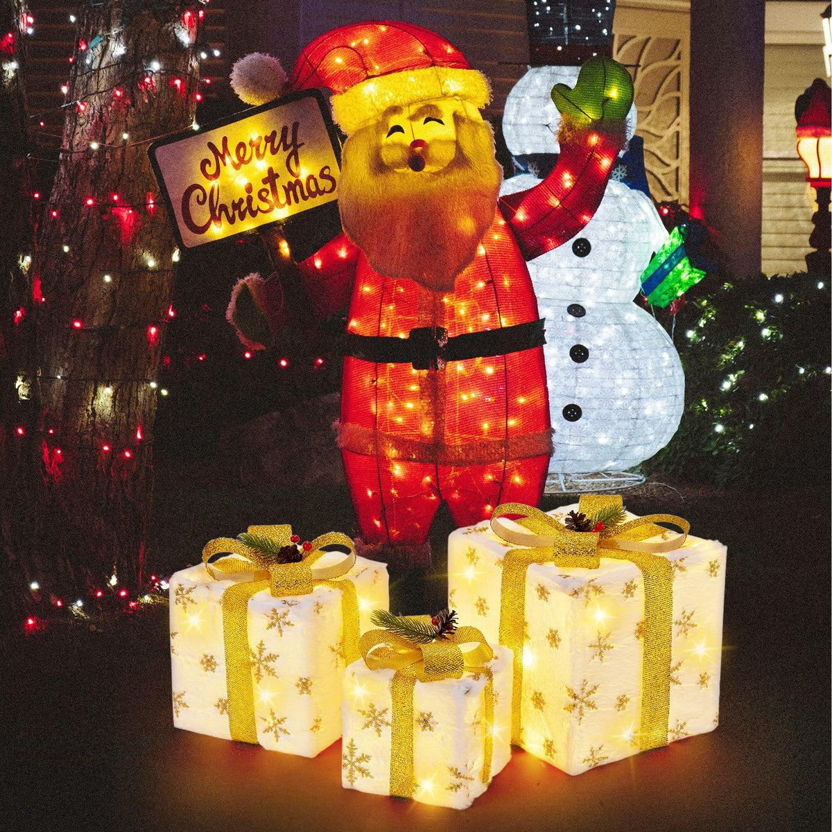 Set of 3 Christmas Lighted Gift Boxes, Plush Pre-lit 70 LED Light Up Present Boxes with Gold Snowflake, Battery Operated Christmas Decorations for Indoor Home, Housen Solutions