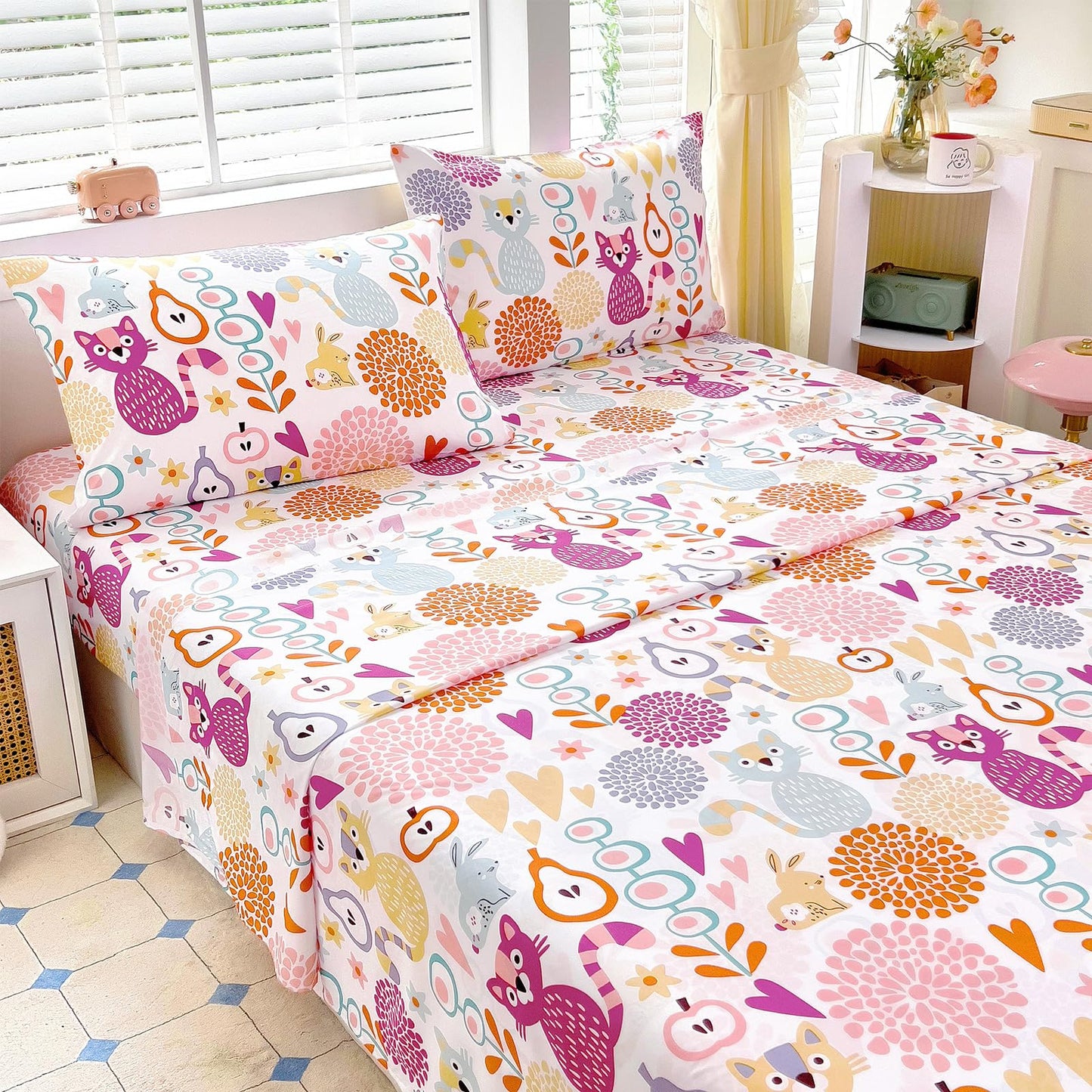 Homilay Full Sheet Set Kids - Kitty 4 Pieces Soft Microfiber Cartoon Style Bedsheets for Boys Girls Teens, Oeko TEX Breathable 15 Inch Deep Pocket Sheets(2D World Cat)