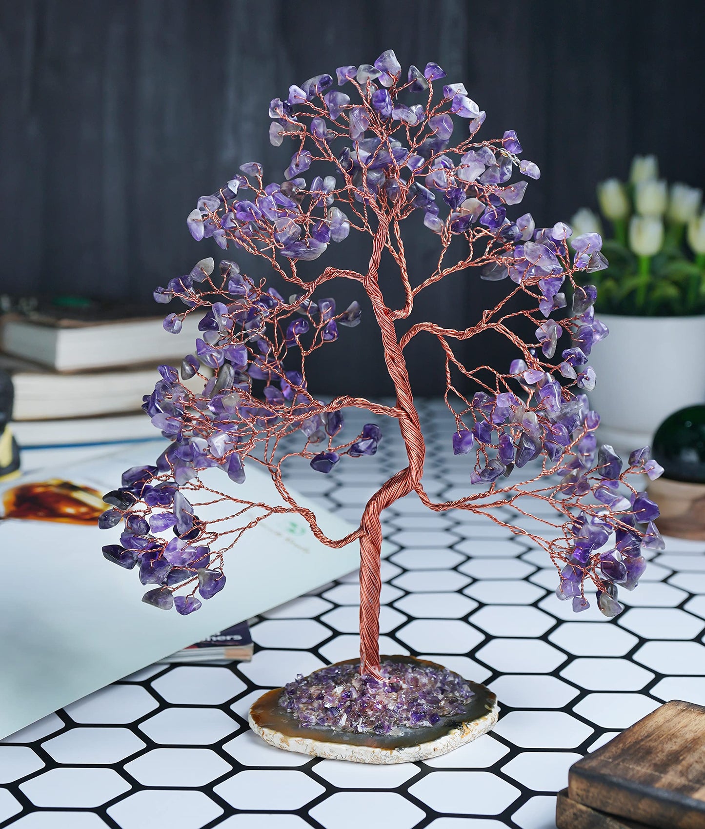 Crocon® Amethyst Crystal Tree of Life Gifts for Women, Men & Family, Gemstone Agate Slice Base Healing Chakra Feng Shui Money Spiritual Gift for mom, Wife, Sister Birthday Present Home & Room Decor