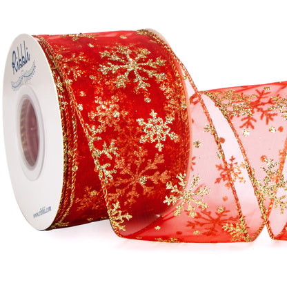 Ribbli Snowflake Glitter Wired Ribbon, Red Organza Sheer with Gold Glitter Snowflake Pattern and Iridescent Metallic Edge,2-1/2 Inch x 10Yards Christmas Ribbon for Tree Decoration