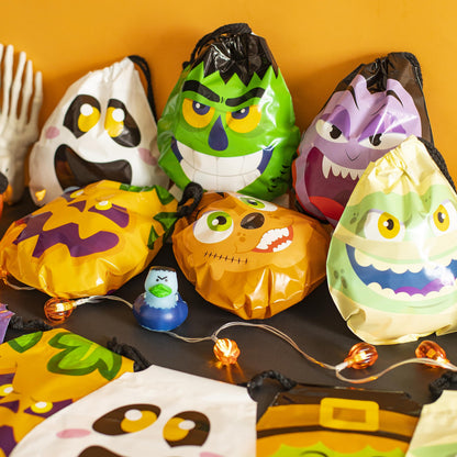 JOYIN 60PCS Halloween Drawstring Treat Bags, Trick or Treating Goodie Candy Small Plastic Gifts Bags Bulk in 12 Cute Monster Designs, Kids Halloween Party Favors Supplies