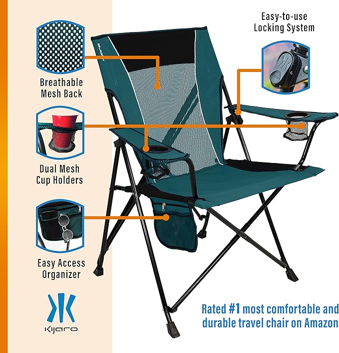 Kijaro Dual Lock Portable Camping Chairs - Enjoy the Outdoors with a Versatile Folding Chair, Sports, Outdoor & Lawn - Dual Lock Feature – Cayman Blue Iguana
