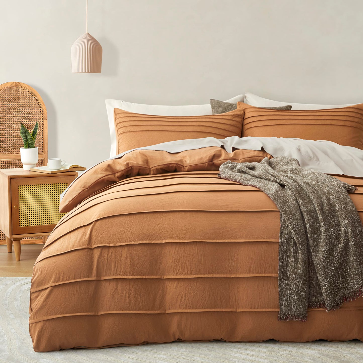 Oli Anderson Pumpkin Brown Duvet Cover Queen Size - Pleated Queen Duvet Cover, 3PCS Soft and Breathable Textured Bedding Set with Zipper Closure(Pumpkin Brown,90"x90")