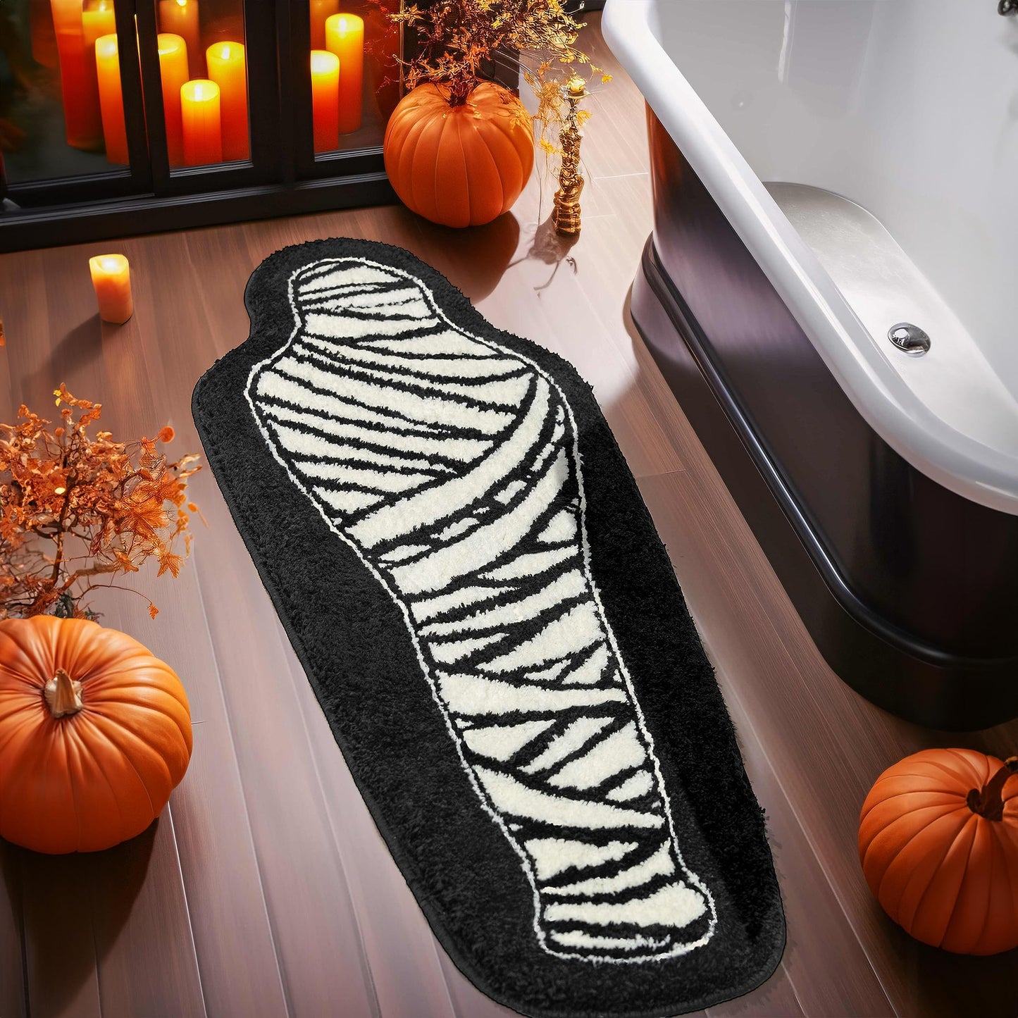 Halloween Bathroom Rug Black and White Horror Decorations Non Slip Coffin Bath Mats for Bathroom Bedroom Cute Runner Gothic Home Decor Scary Funny Mummy Carpet 18x47 inch