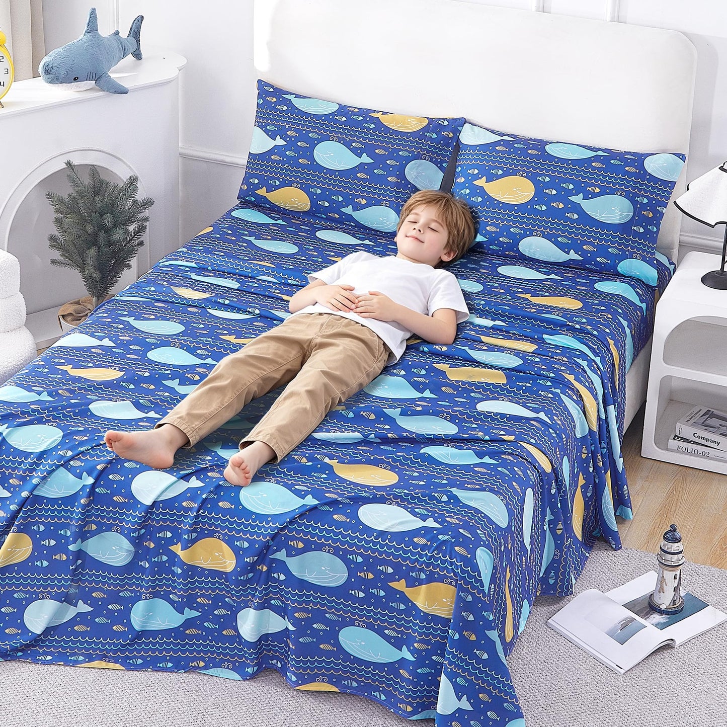 CozySmile Twin Sheet Set Kids,3 Pieces Breathable Soft Microfiber Bedsheets for Child Boys Girls, Oeko-TEX, Anti Pilling Deep Pockets Easy Care Bed Sheets, Whale