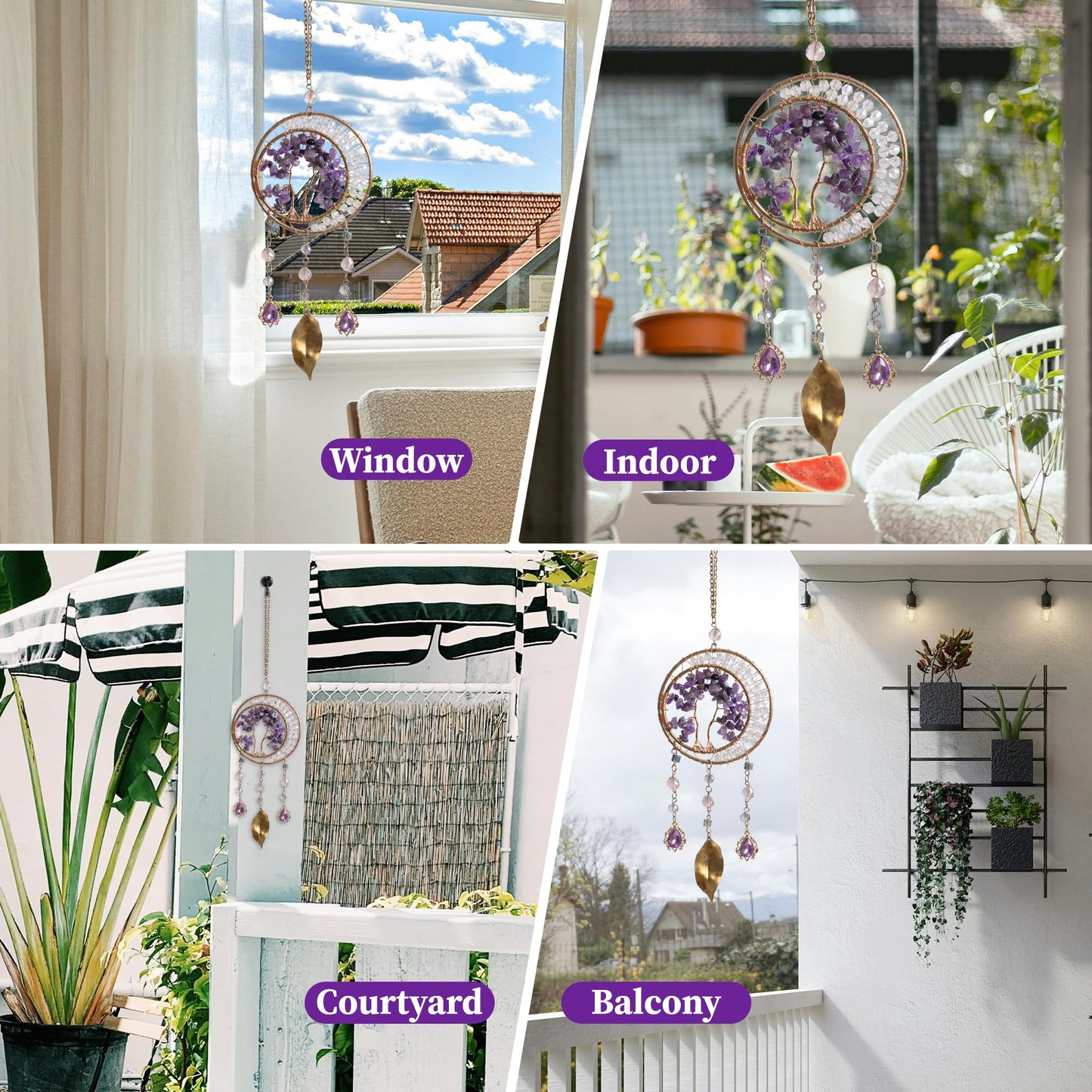 Crystal Suncatcher for Windows Hanging Decor Amethyst Crystal Tree of Life Sun Catcher Prism Rainbow Dream Catchers for Adult Garden Home Decor