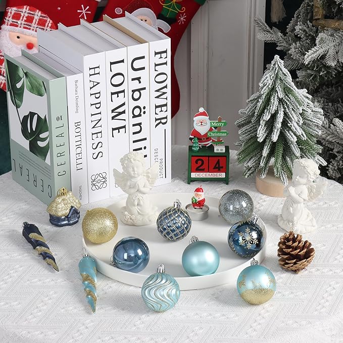 124Ct Blue and Gold Christmas Tree Ornaments Set, Shatterproof Assorted Christmas Decorations for Xmas Tree Snowflake Icicle House Ball Ornaments Baubles for Holiday Party Decor（Blue & Gold）