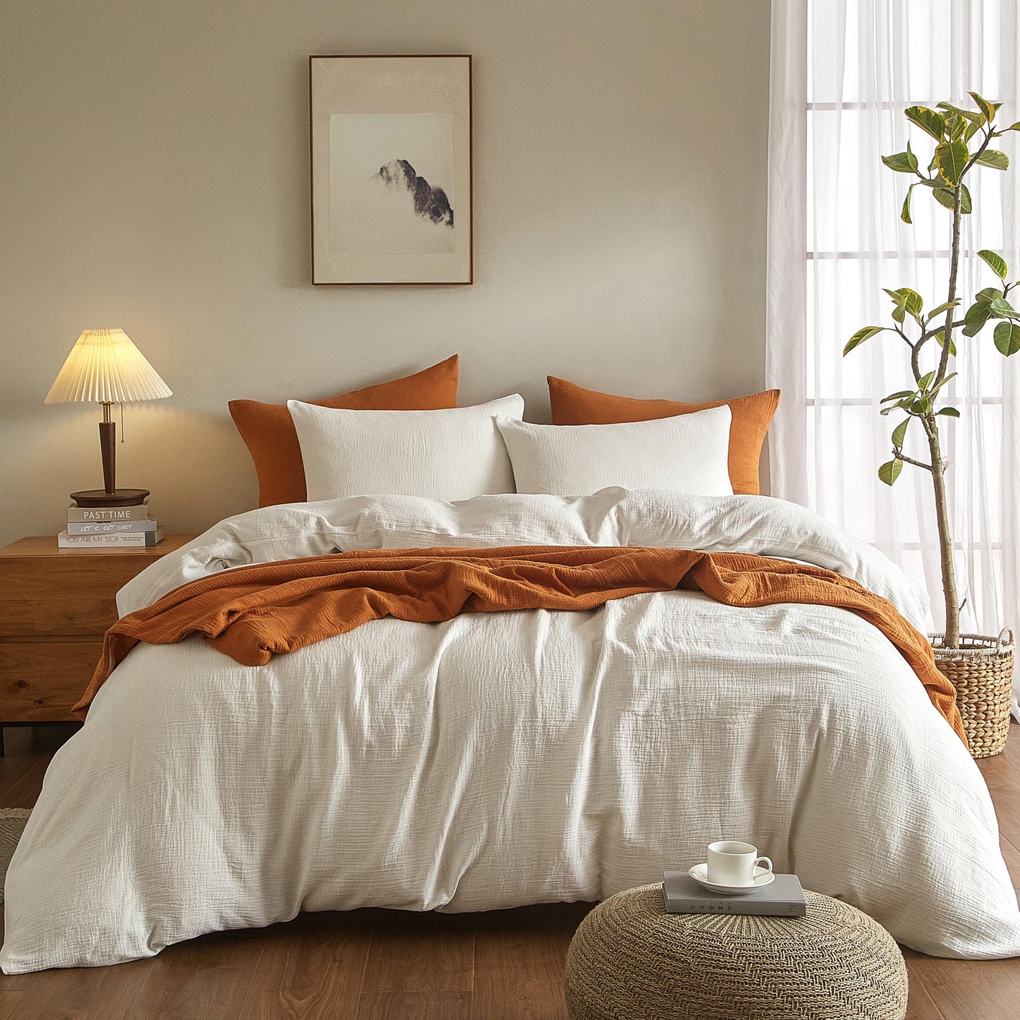 SE SOFTEXLY Muslin Duvet Cover Queen Size, 100% Washed Cotton Duvet Cover Set, Ultra Soft Comforter Cover Linen Like, 3 Pieces Minimalist Gauze Duvet Cover with 2 Pillowcases, 90"x90", White