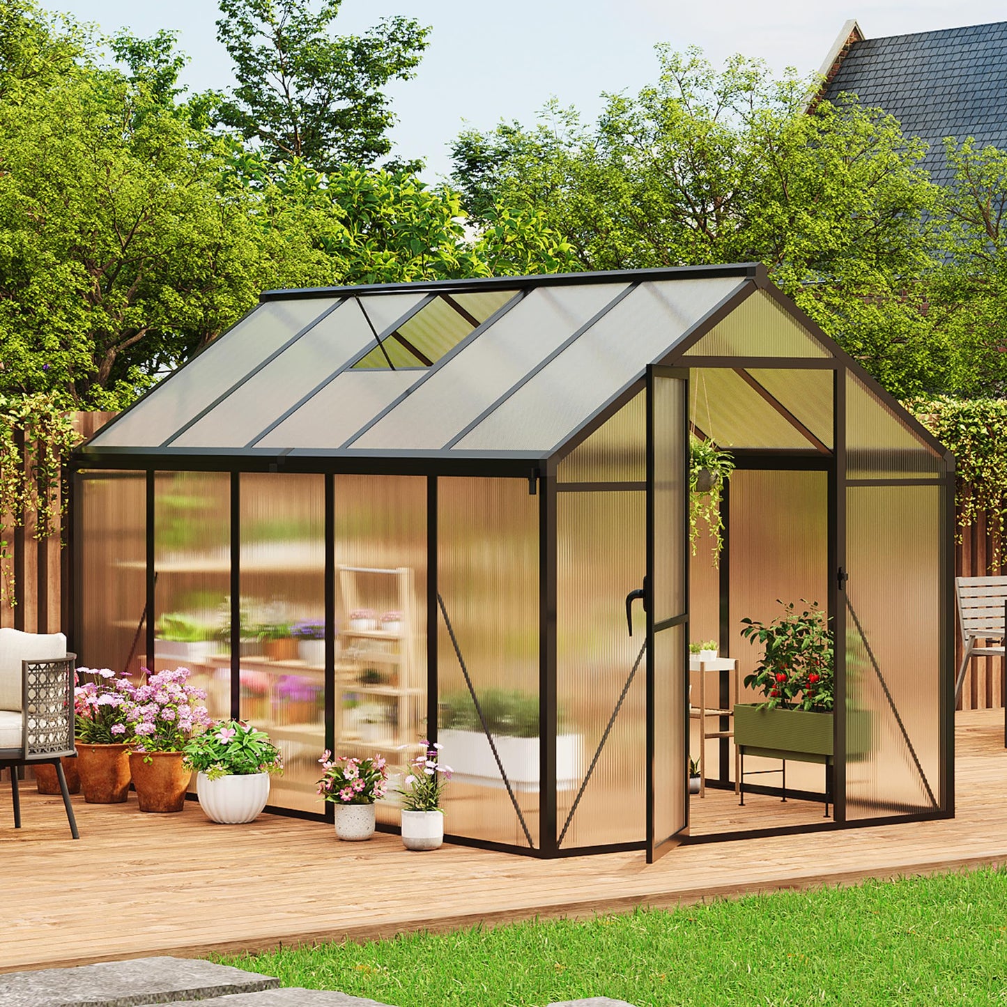 GarveeHome 6X8 FT Greenhouse for Outdoors, Large Walk-in Polycarbonate Greenhouse Kit, Aluminum Frame, Lockable Door, Roof Vent, Ground Spikes, for Garden, Patio, Backyard, Outdoor Plant Growth