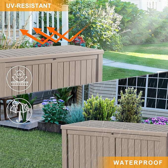 150 Gallon Outdoor Deck Box, Lockable Waterproof Outdoor Storage Boxes For Garden Tools,Indoor Cushions,Accessories Outside Storage Resin Weatherproof Container(Grey)
