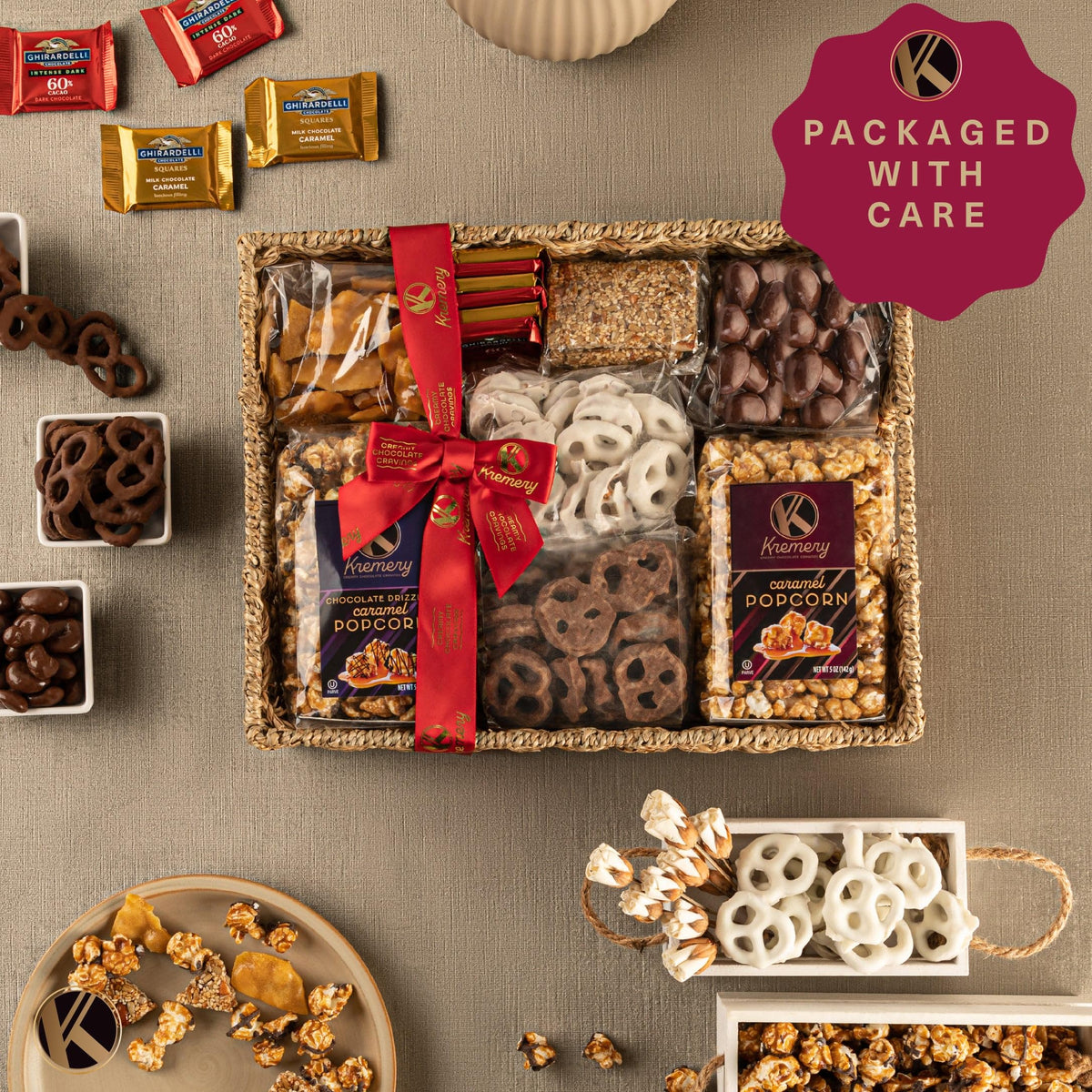 KREMERY Creamy Chocolate Cravings Mothers Day Treats, Chocolate Covered Pretzels, Nuts, Candy & Caramel Popcorn (Deluxe, 3.5 lbs) Sweet Treats in Seagrass Tray with Ribbon Kosher