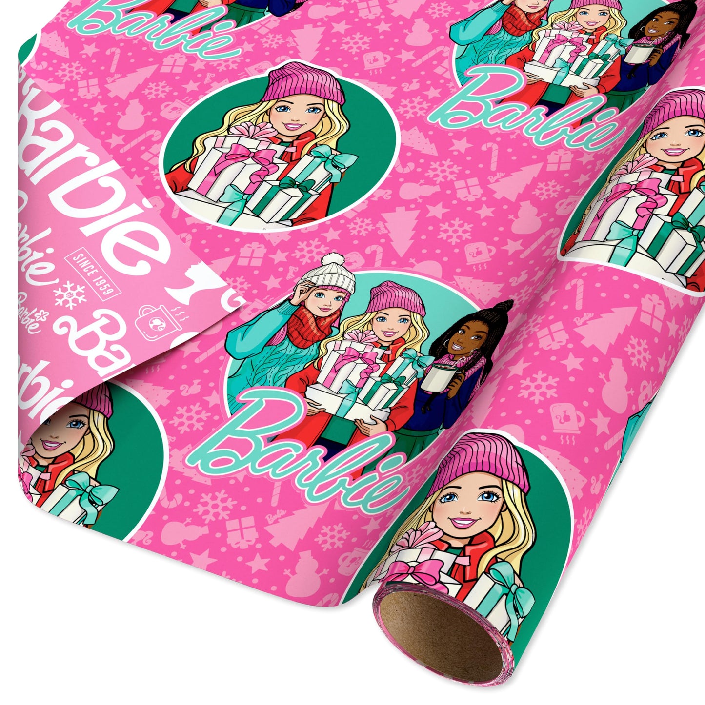 American Greetings Pink Christmas Wrapping Paper Roll for Kids, Barbie and Friends Holiday Gift Wrap (1 Reversible Roll, 75 sq. ft.) Barbie, Daisy, Brooklyn