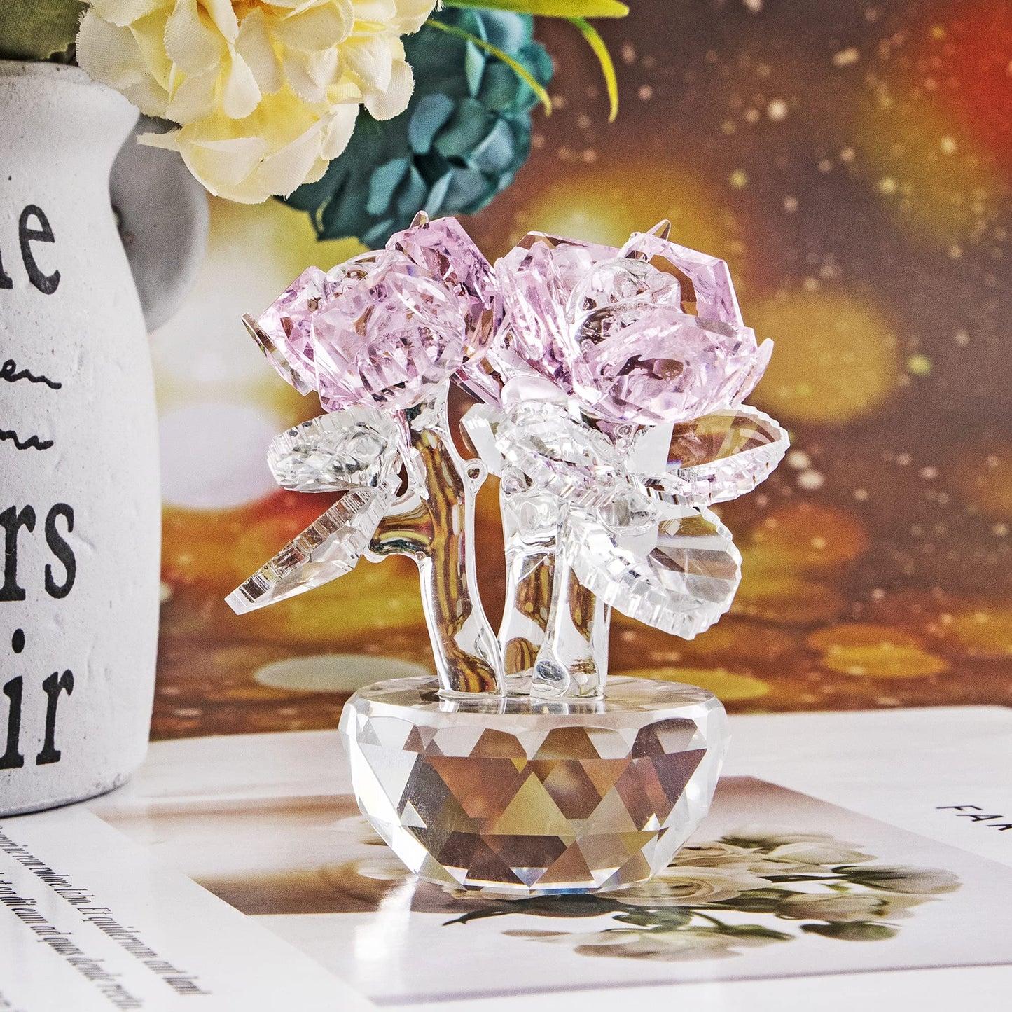 QFkris Pink Crystal Rose Bouquet Flower Figurine for Home Decor 2.8" Glass Flowers Ornament Collection for Women Valentines Day Thanksgiving,Christmas,Mother's Day