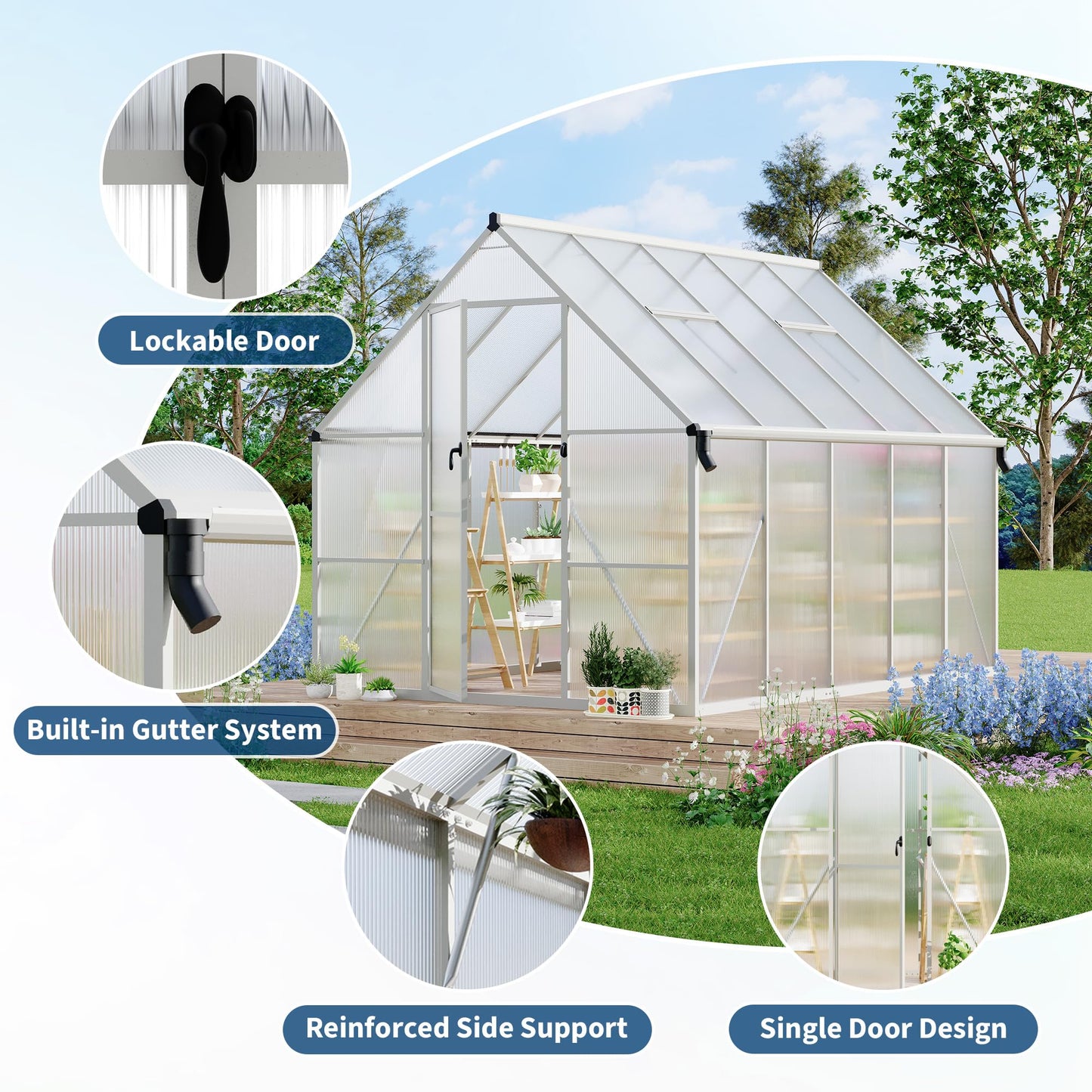 GarveeLife 8X10FT Polycarbonate Greenhouse with Aluminum Frame, Polycarbonate Greenhouse for Outdoors, Greenhouses with Ventilation and Rain Gutter, Aluminum Large Walk-in Greenhouses for Outside