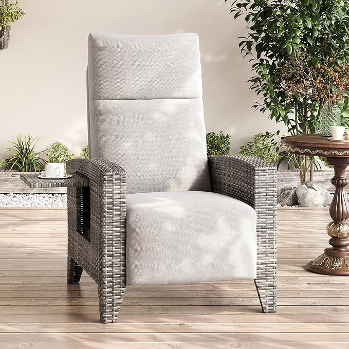 IDEALHOUSE Wicker Outdoor Recliner Reclining Patio Chairs with Adjustable Back & Footrest 150° Lay-Flat Reclining with Air Pump Rattan Flip-Up Side Table Outdoor Lounge Chairs for Pool Deck Balcony
