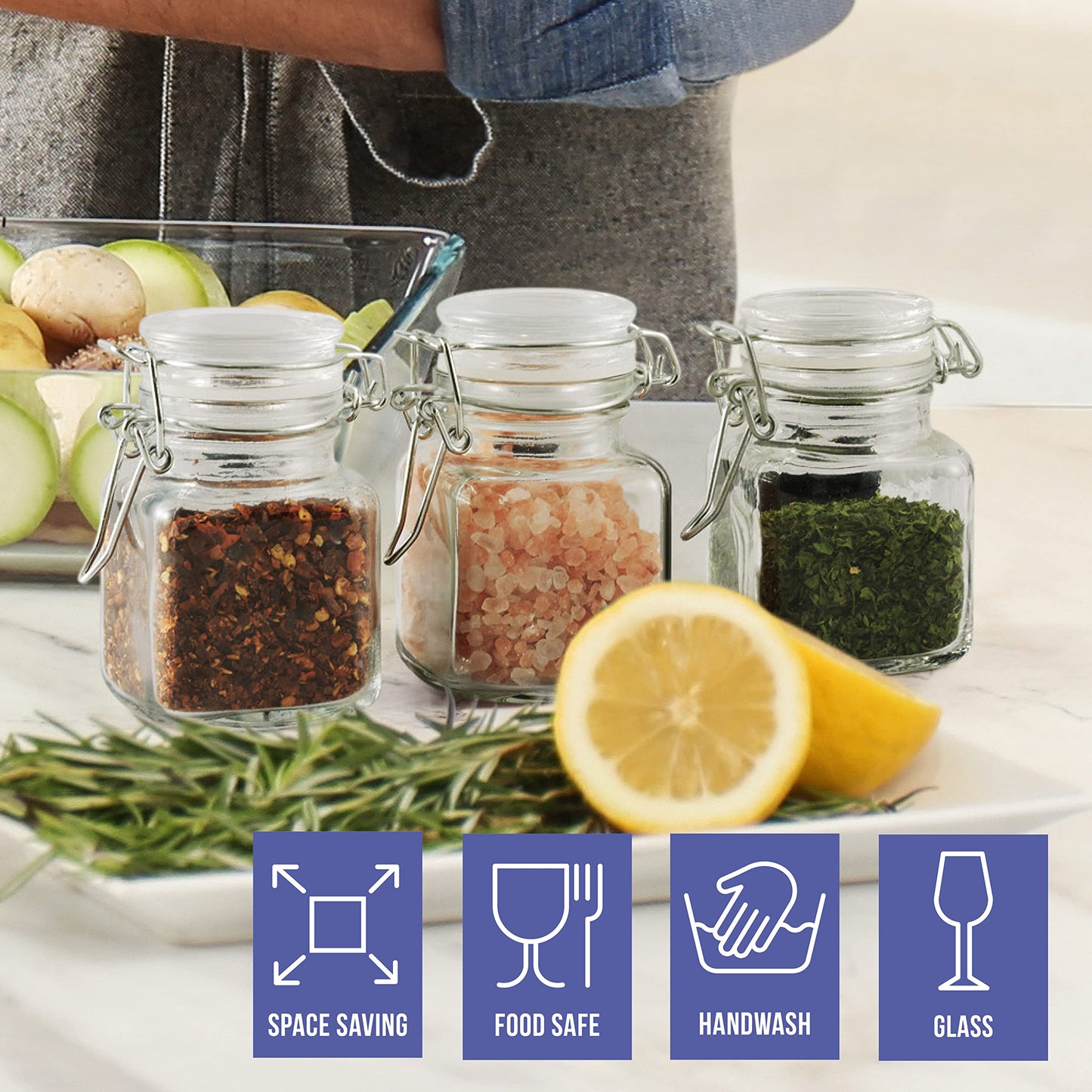 Oak & Steel - 24 Mini Clip Top Glass Spice Storage Jars - 100 ml Glass Canister Containers with Lids, 48 Labels and 2 Chalk Pen (8 x 5cm) - Perfect for Spice Storage, Jam, Honey, Gifting (24)…