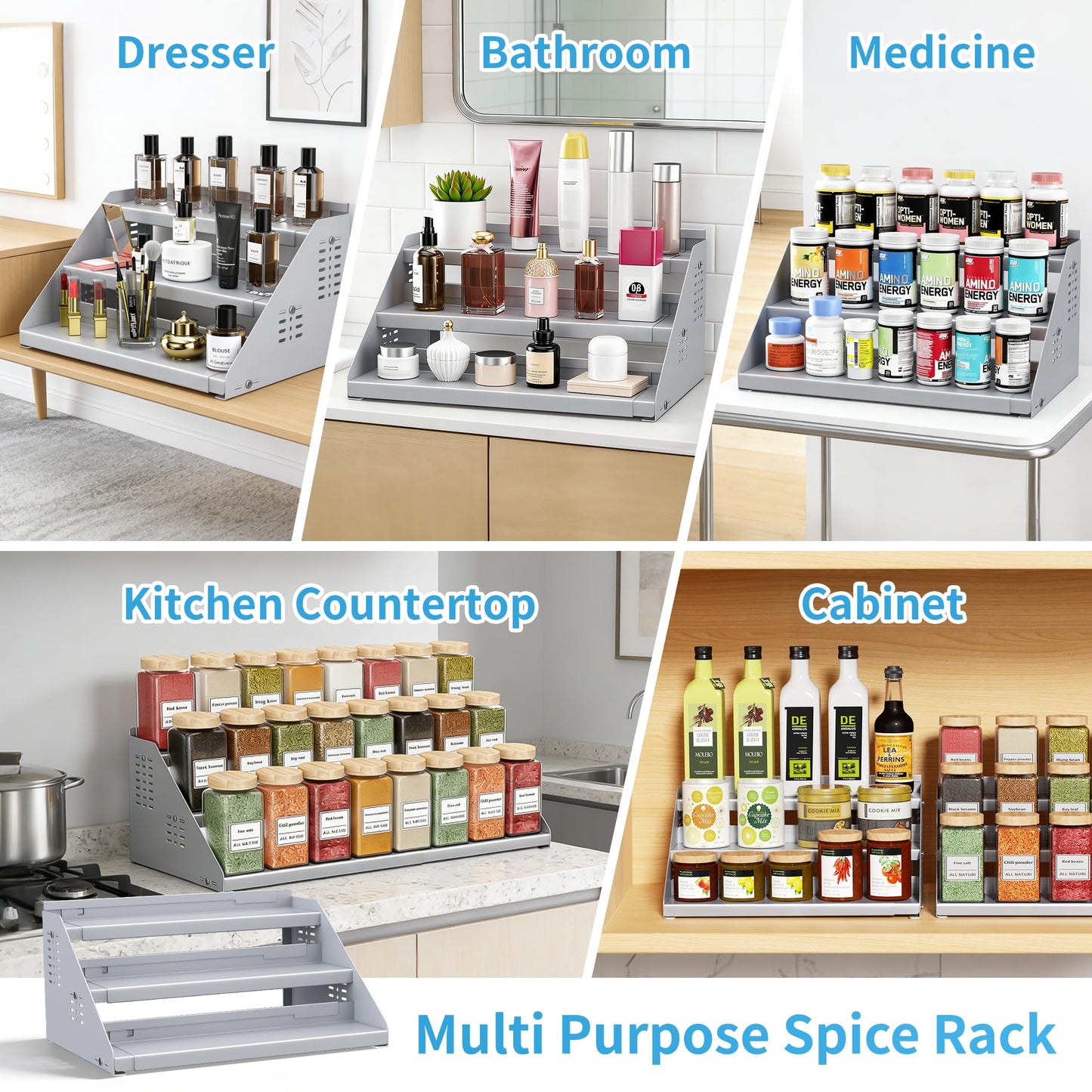 BOIVSHI Spice Rack Organizer, Metal Spice Rack Organizer for Cabinet, Countertop Spice Rack - Expandable Width, 3 Tier Spice Shelf for Cabinet, Countertop, Pantry, Cupboard, Gray