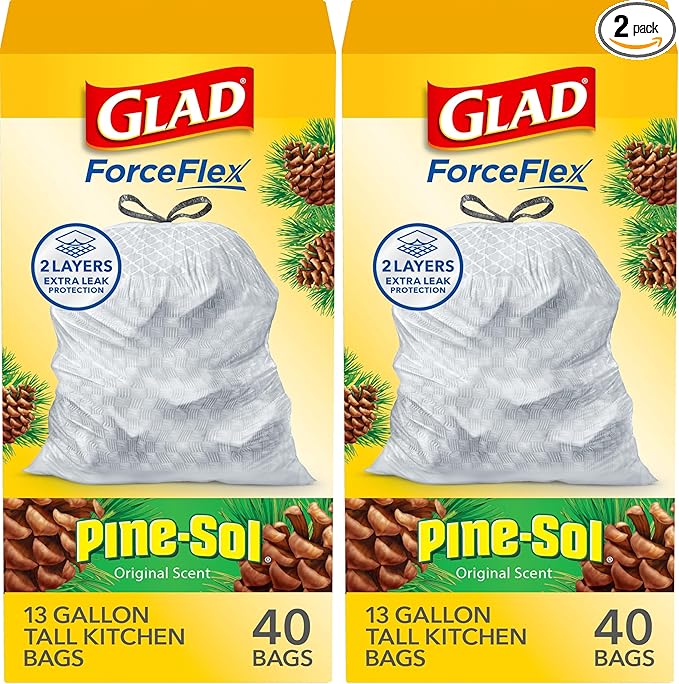 Glad ForceFlex Tall Kitchen Drawstring Trash Bags, 13 Gal, Pine-Sol Original