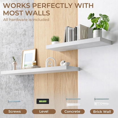 RICHFOCUS Deep Floating Shelves for Wall 2 Pack 12" D 24 Inch Wall Shelves for Room Wall|Wood Hanging Shelf with Invisible Brackets for Bathroom Bedroom Kitchen Laundry Room, White