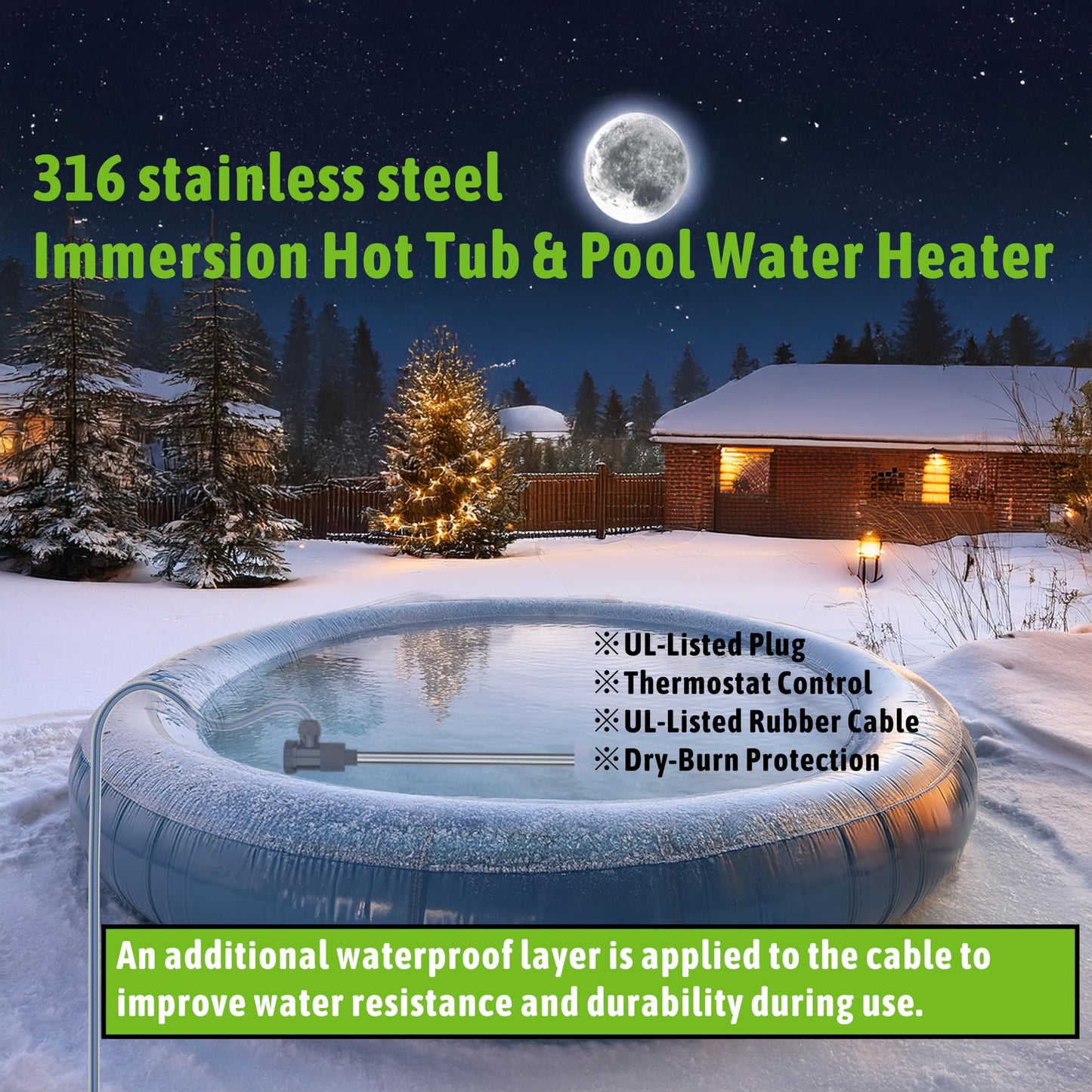 LINGLONGTEMP 1800W Submersible Hot Tub & Pool Portable Electric Immersion Water Heater with Temp Control for Pond, Bathtub, Inflatable Pool, Inground Pool, Sap, Above Ground Pool, Baptism & Baptistry