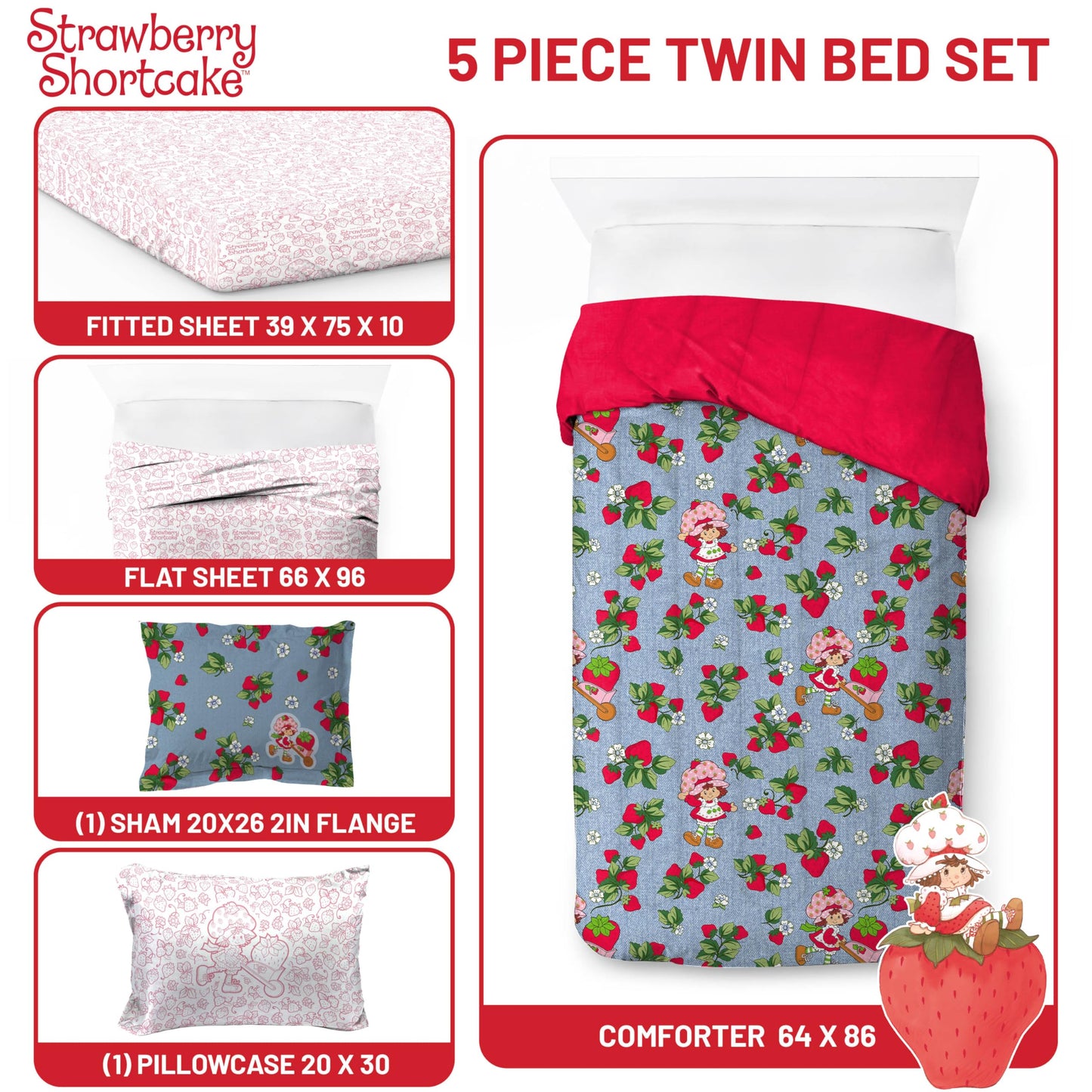 Jay Franco Kids Comforter Set Includes Sheets and Pillow Covers - Soft and Cozy Bed Set for Stylish Room Decor, Blue - Strawberry Shortcake. 5 Piece Twin Size Bedding