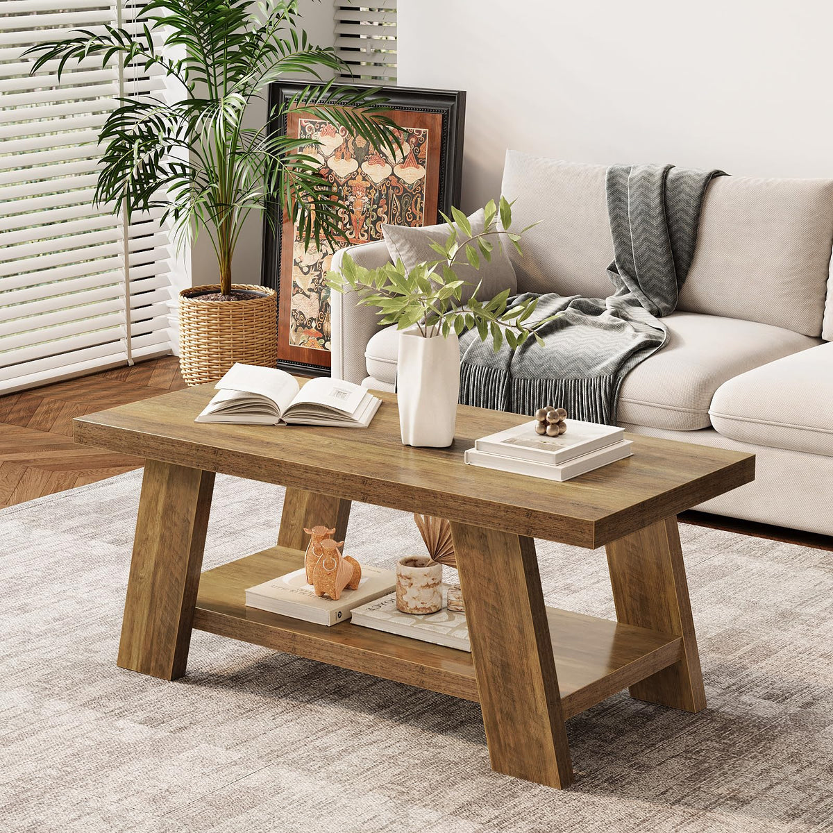 Tohomeor 47.24" Coffee Table for Living Room, Farmhouse Solid Wood Coffee Table with Storage, Rectangle Rustic Accent Center Table with for Home Apartment Office, Retro Brown